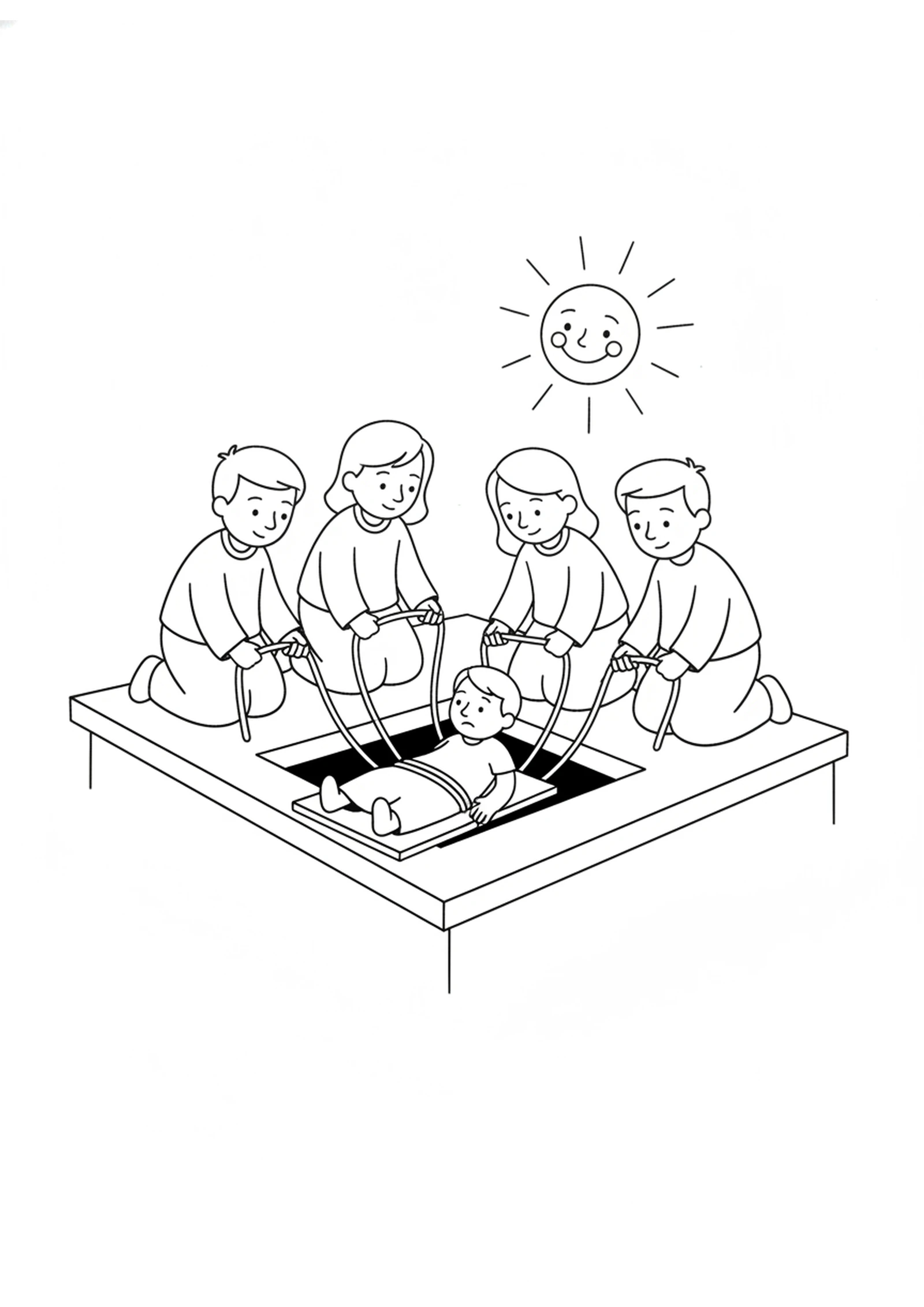Lowered Through the Roof — printable Bible coloring page from The Paralyzed Man Lowered Through the Roof