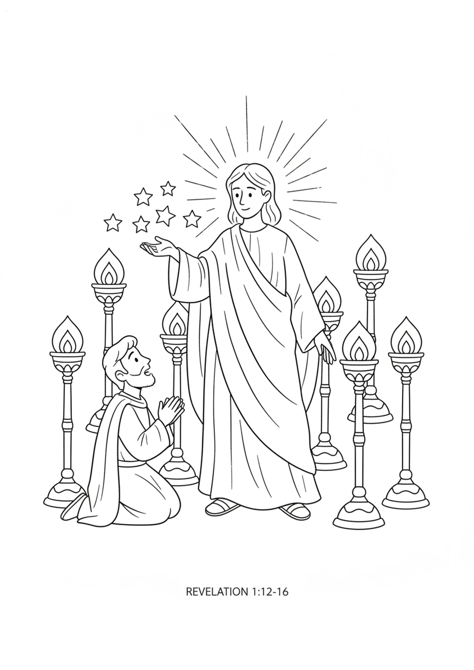 Jesus Among the Lampstands — printable Bible coloring page from John’s Vision on Patmos