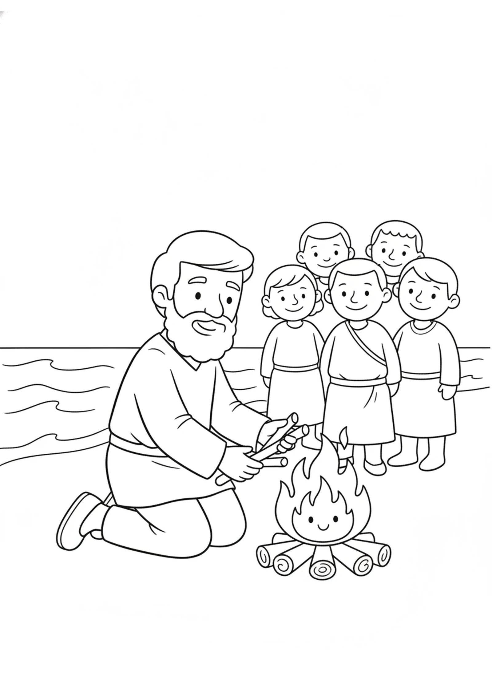 Paul by the Island Fire — printable Bible coloring page from Paul Reaches Rome