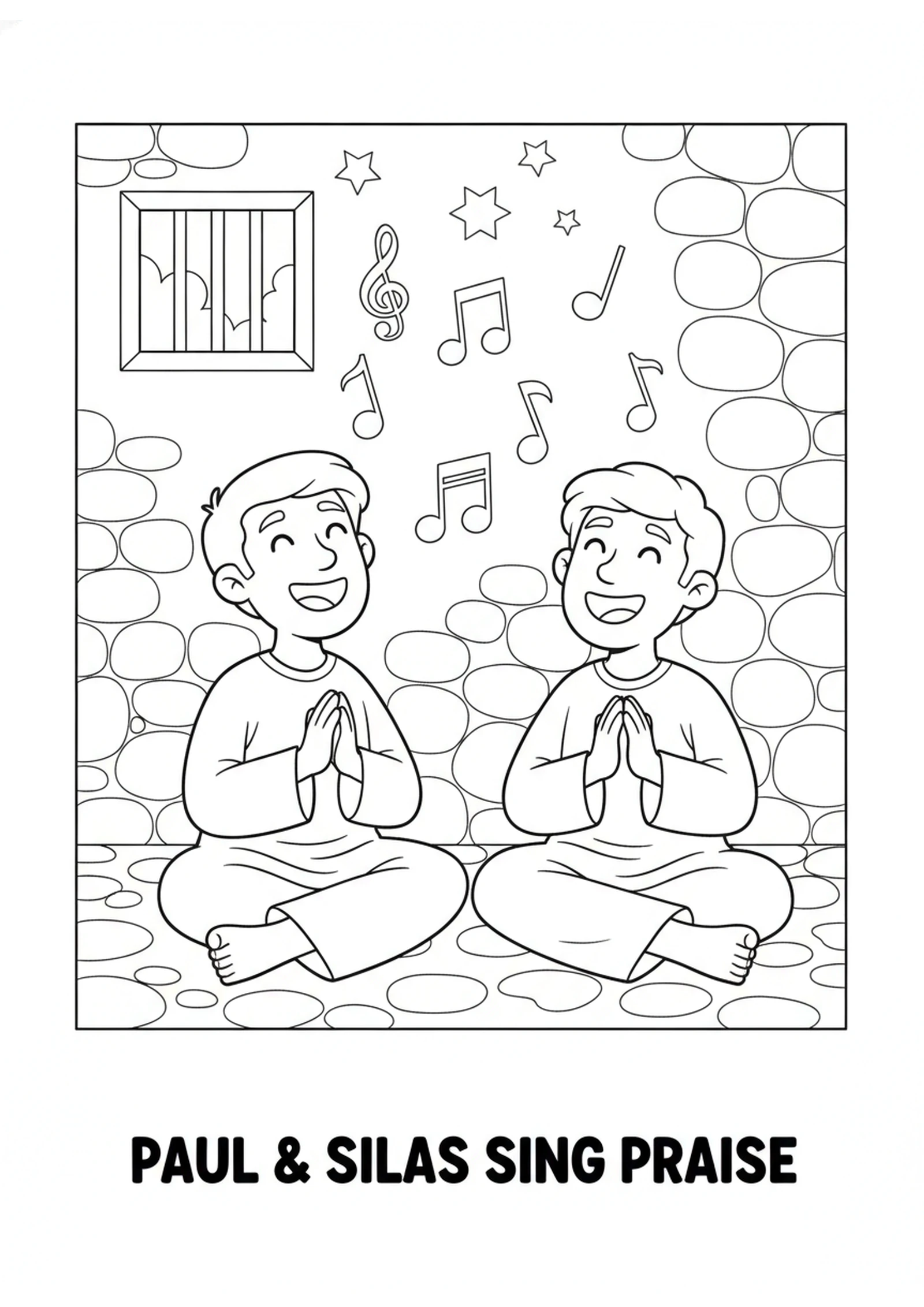Singing in Prison — printable Bible coloring page from Paul and Silas Sing in Prison