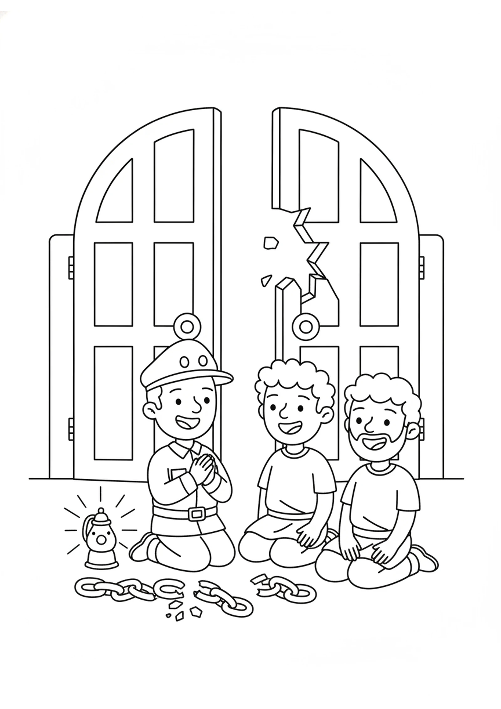 The Happy Guard — printable Bible coloring page from Paul and Silas Sing in Prison