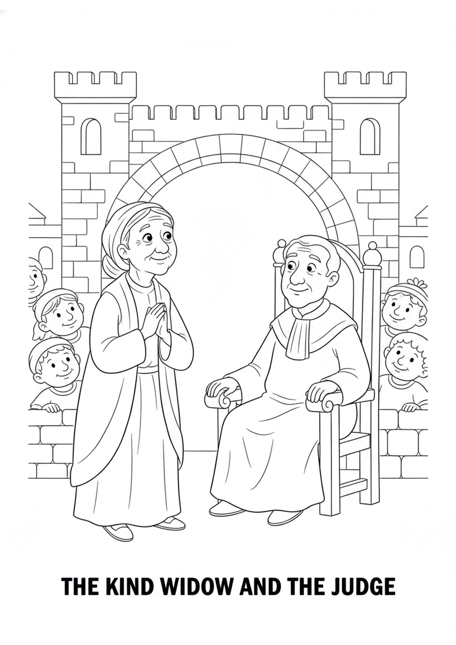 The Widow Asks the Judge — printable Bible coloring page from The Persistent Widow