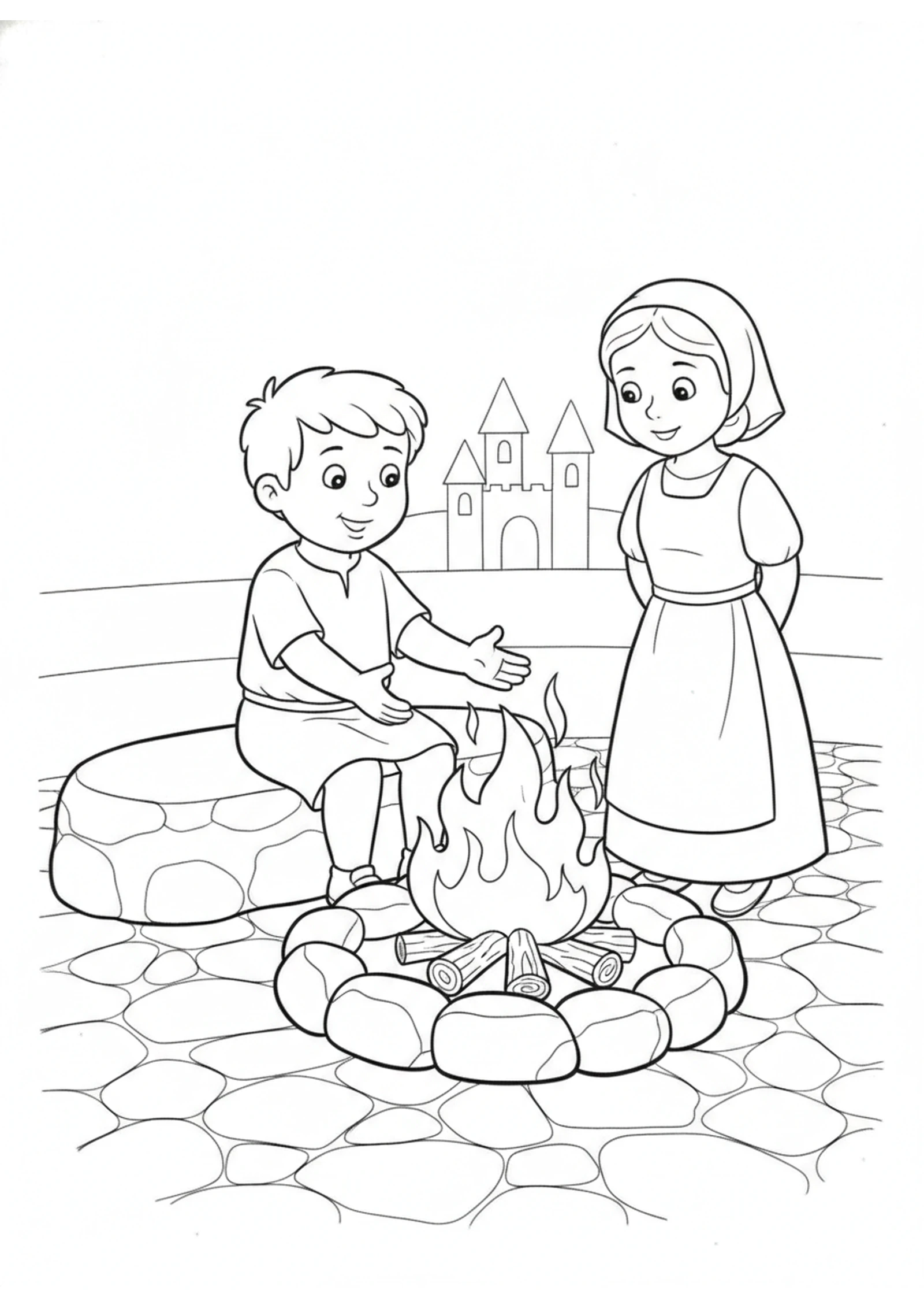 Peter by the Fire — printable Bible coloring page from Peter Denies Jesus