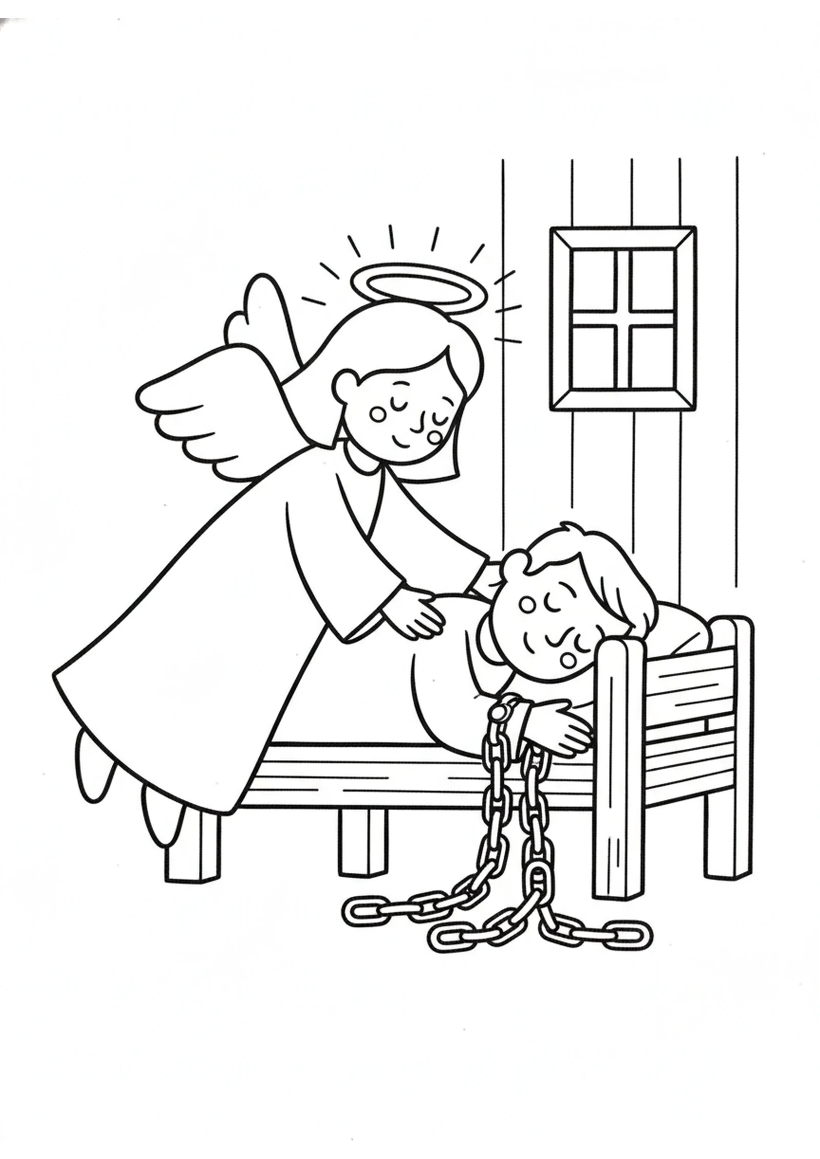 The Angel Wakes Peter — printable Bible coloring page from Peter Freed from Prison — Rhoda Forgets the Door