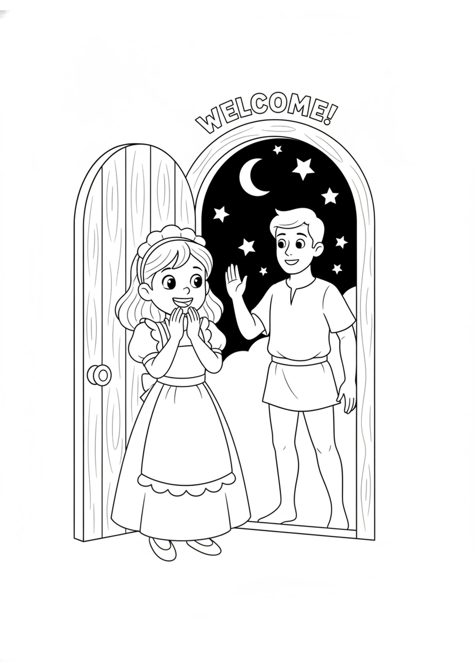 Rhoda at the Door — printable Bible coloring page from Peter Freed from Prison — Rhoda Forgets the Door