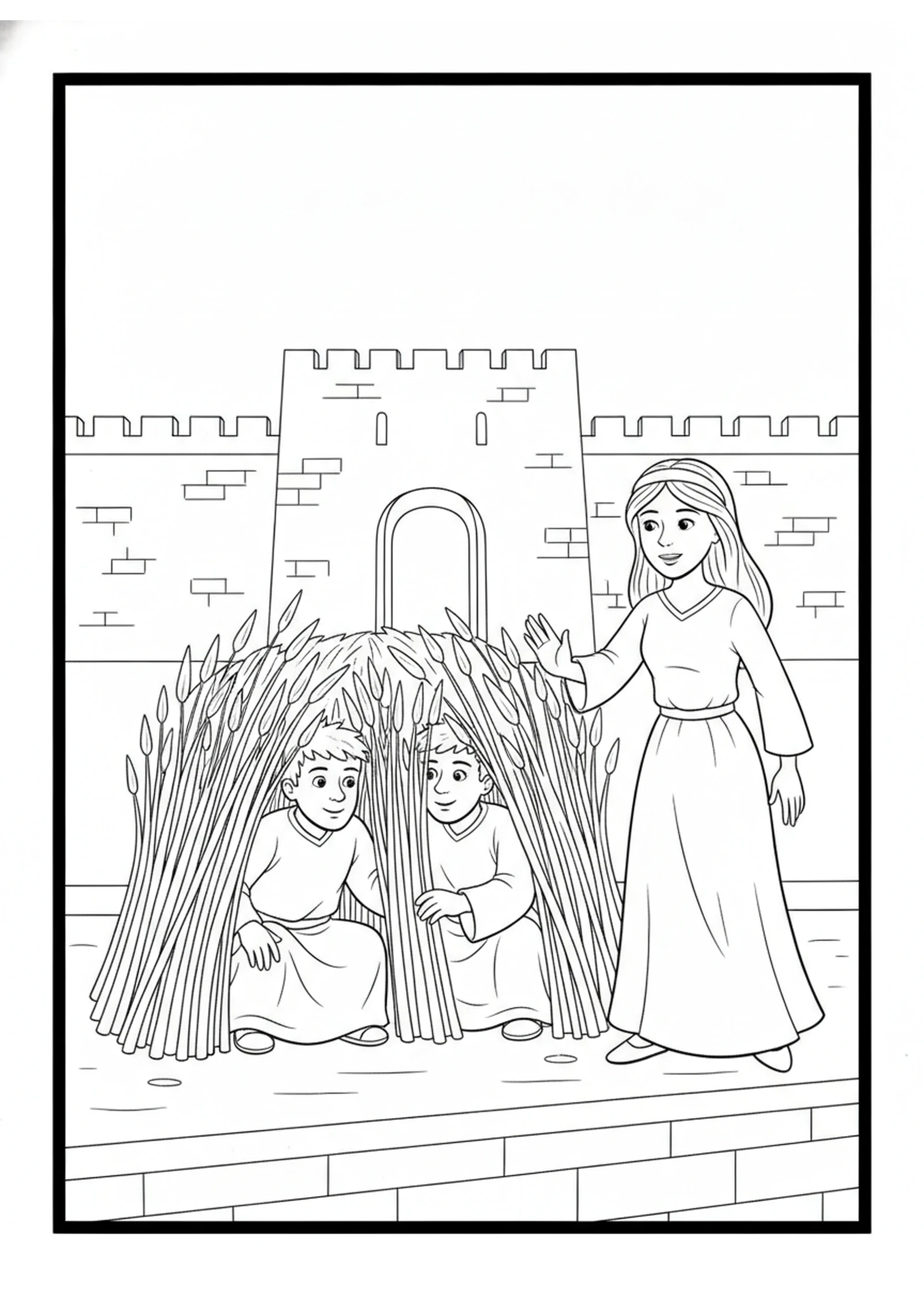 The Spies Hide on the Roof — printable Bible coloring page from Rahab and the Spies