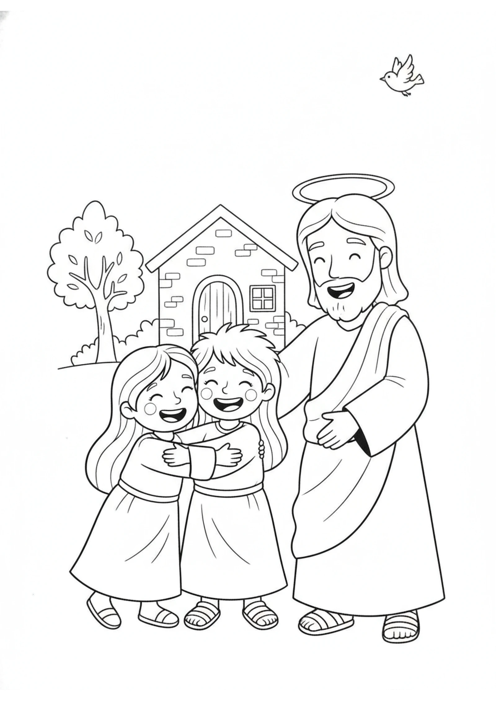 A Happy Family Hug — printable Bible coloring page from Raising Lazarus from the Dead