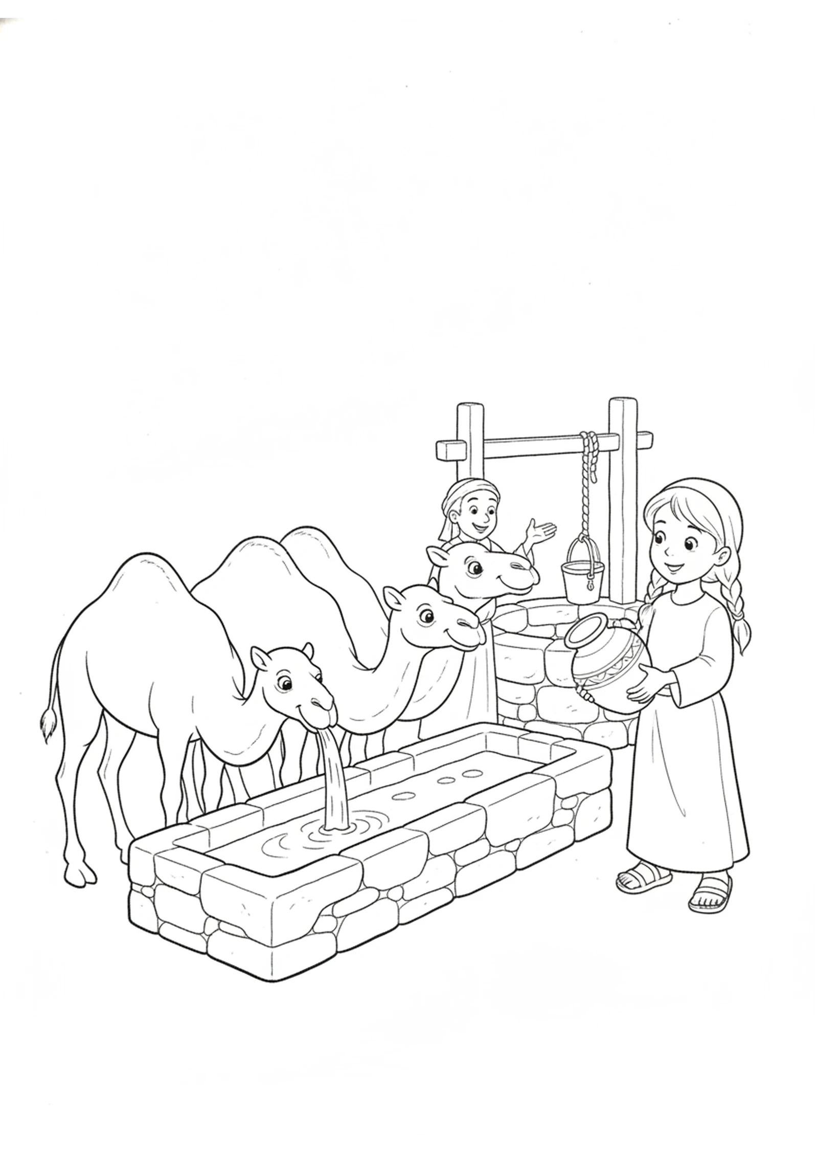 Rebekah Waters the Camels — printable Bible coloring page from A Bride for Isaac — Rebekah at the Well