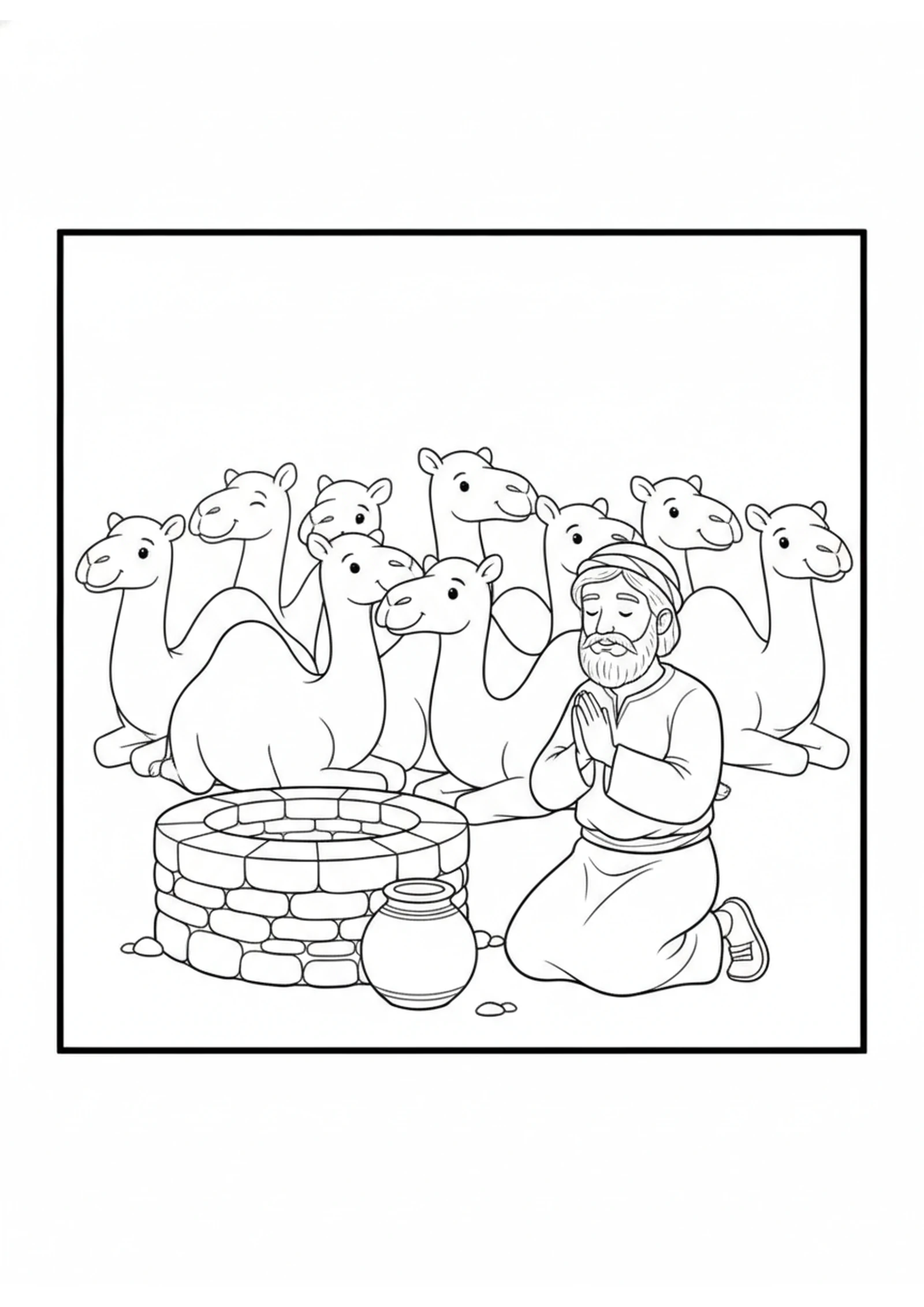 The Servant Prays at the Well — printable Bible coloring page from A Bride for Isaac — Rebekah at the Well
