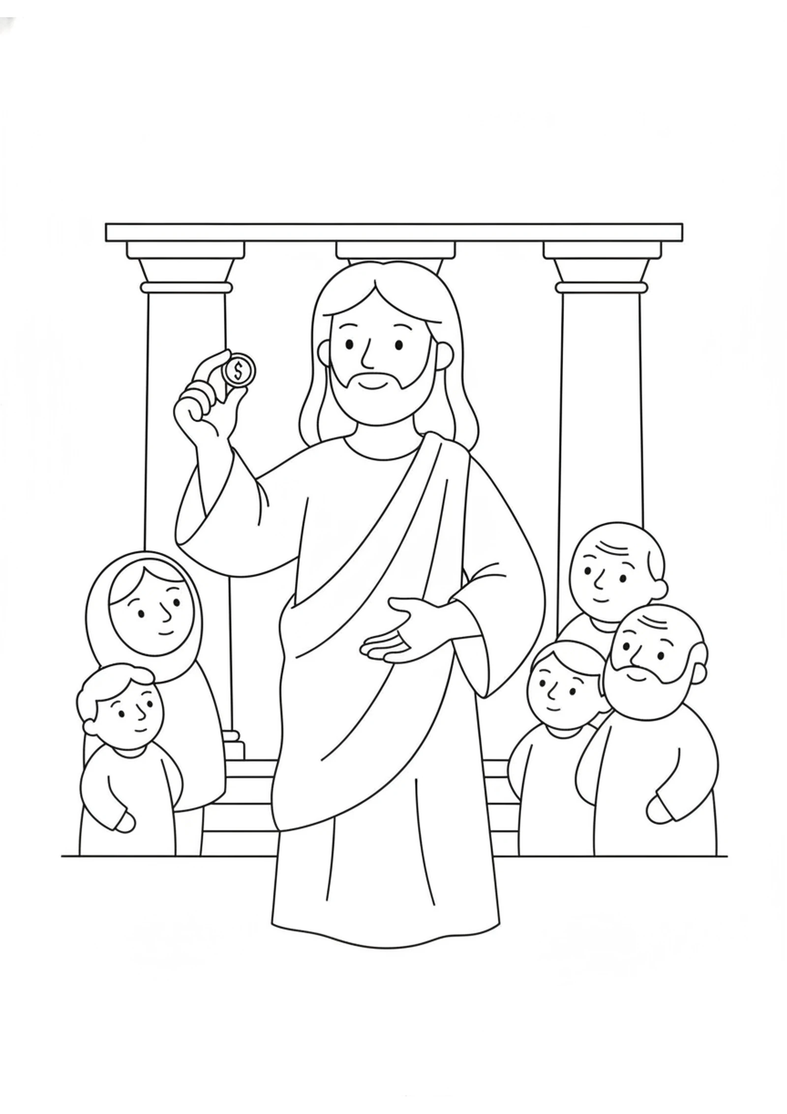 Jesus Holds the Coin — printable Bible coloring page from Render to Caesar