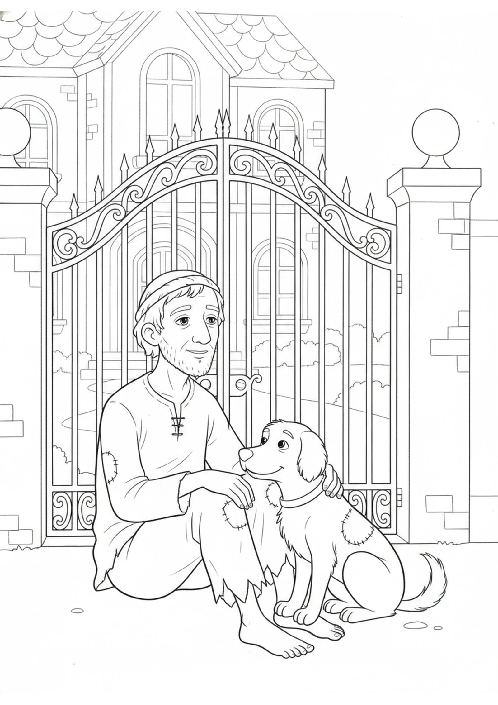 Lazarus at the Gate — printable Bible coloring page from The Rich Man and Lazarus