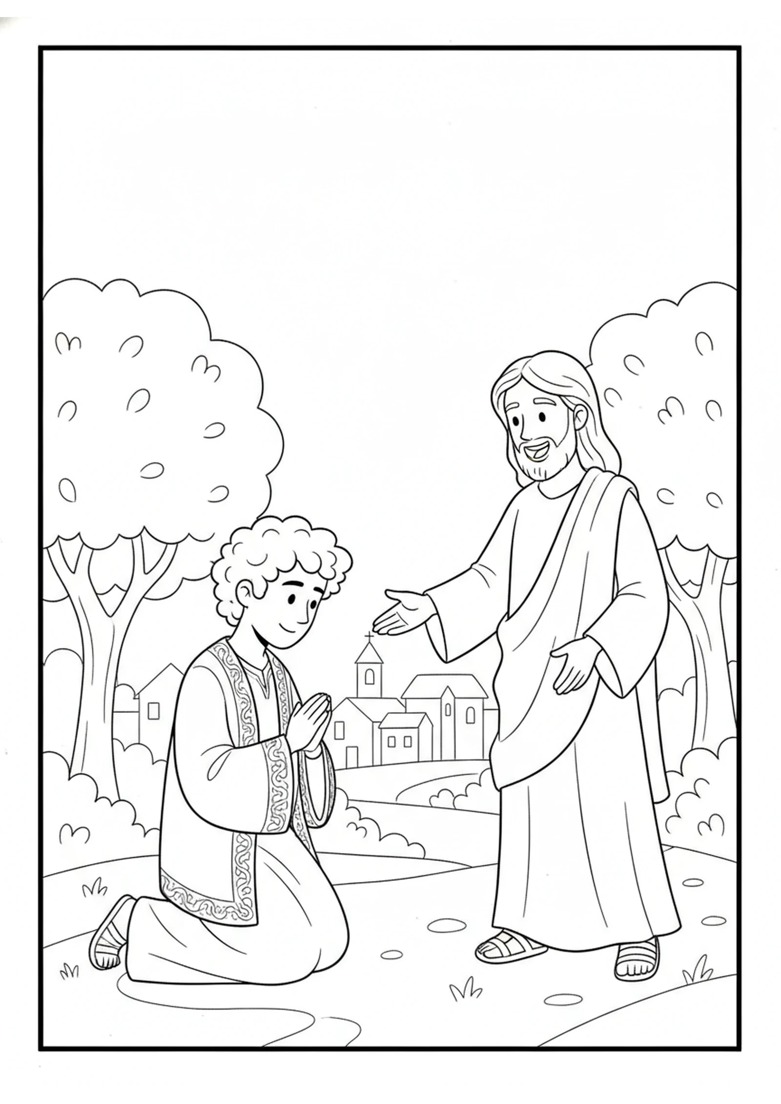 The Young Man Kneels Before Jesus — printable Bible coloring page from The Rich Young Ruler