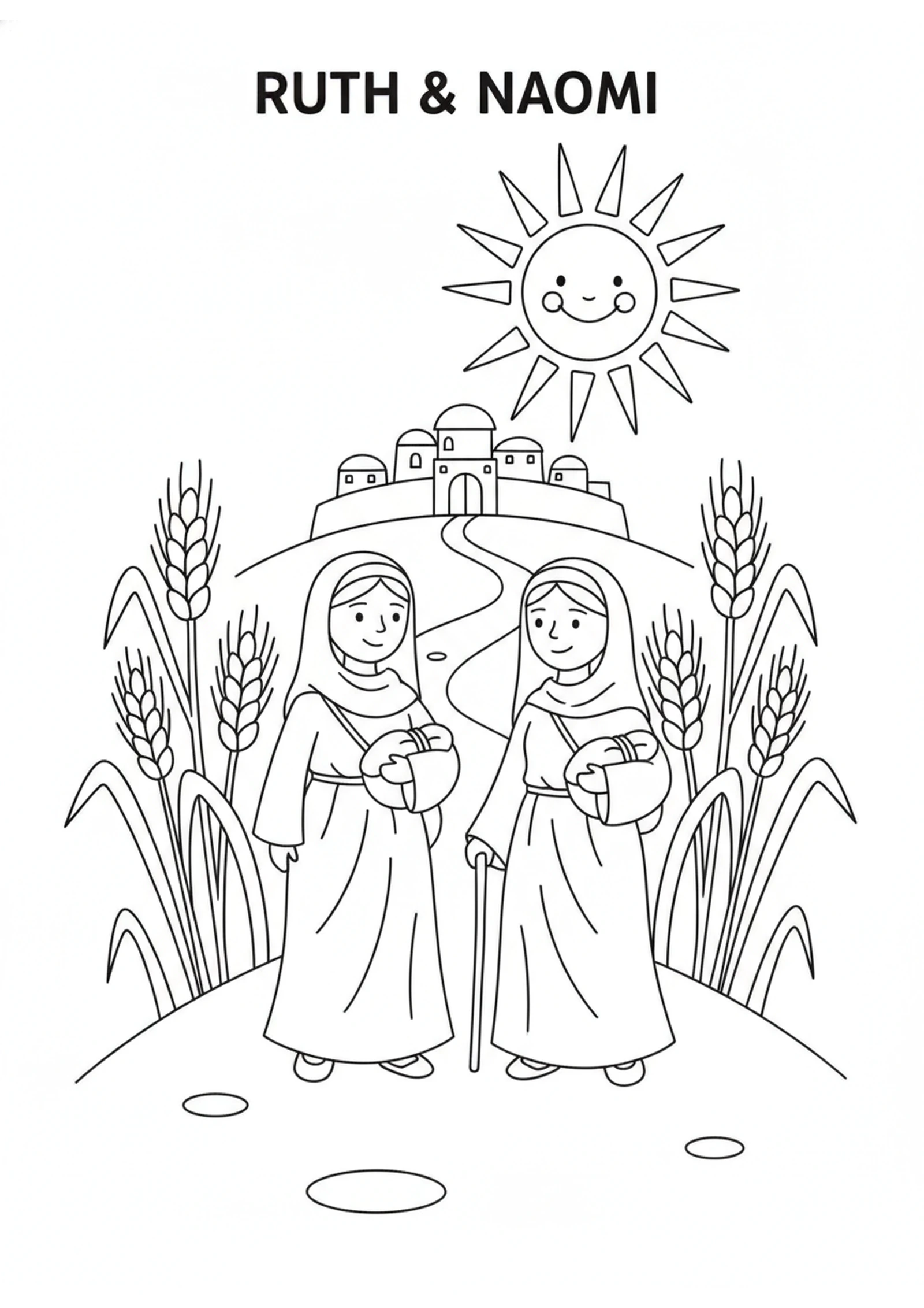 Arriving at Bethlehem — printable Bible coloring page from Ruth Chooses Naomi — Wherever You Go