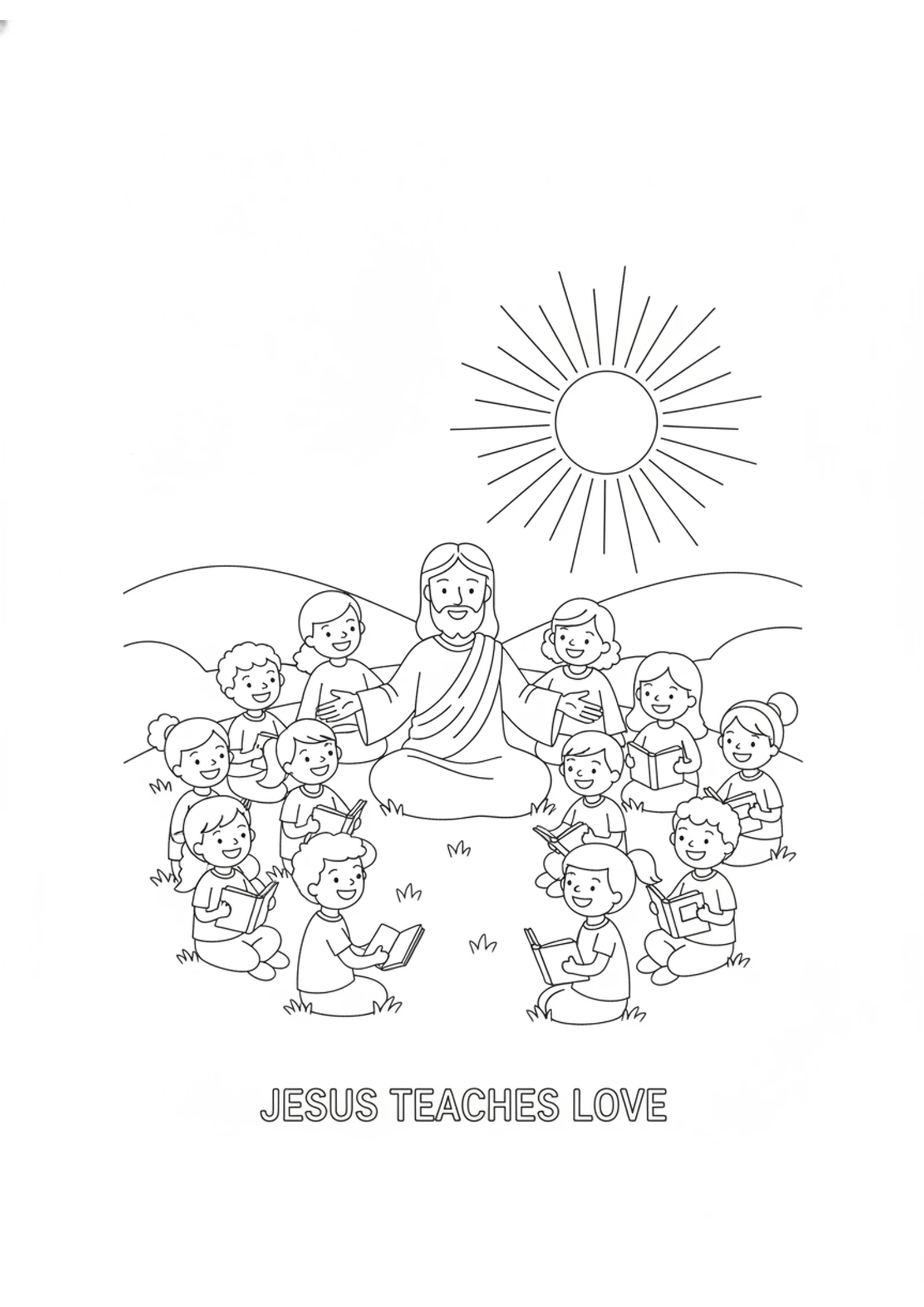 Jesus Teaching on the Hill — printable Bible coloring page from Salt and Light
