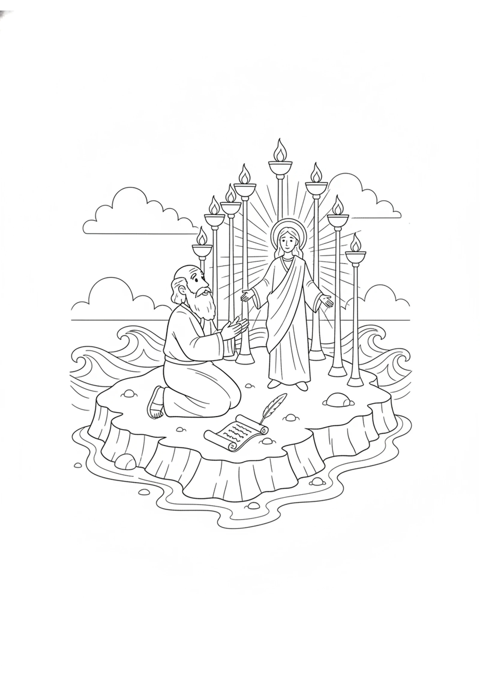 John Sees the Shining Vision — printable Bible coloring page from Letters to the Seven Churches