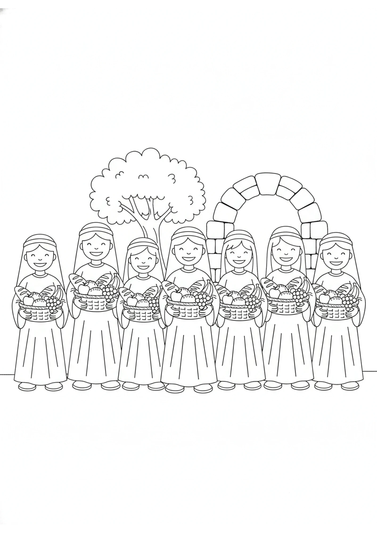 Seven Helpers Stand Together — printable Bible coloring page from Seven Helpers Are Chosen