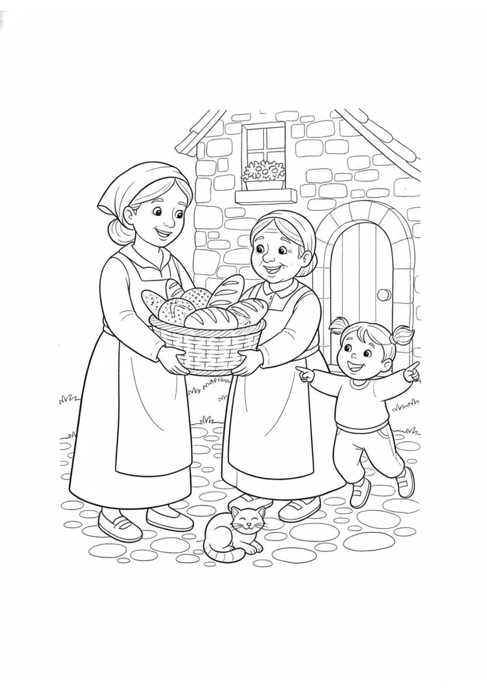 Filling the Empty Baskets — printable Bible coloring page from Seven Helpers Are Chosen