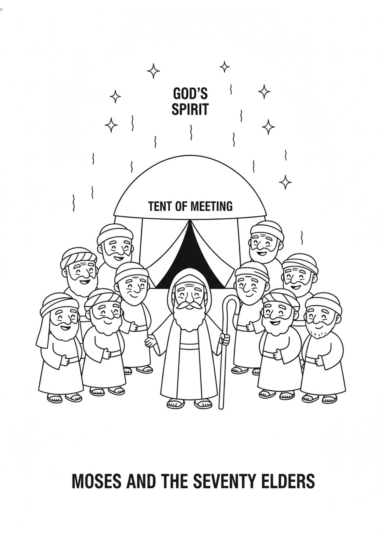 Moses and the Seventy Helpers — printable Bible coloring page from God’s Spirit on the Seventy Elders