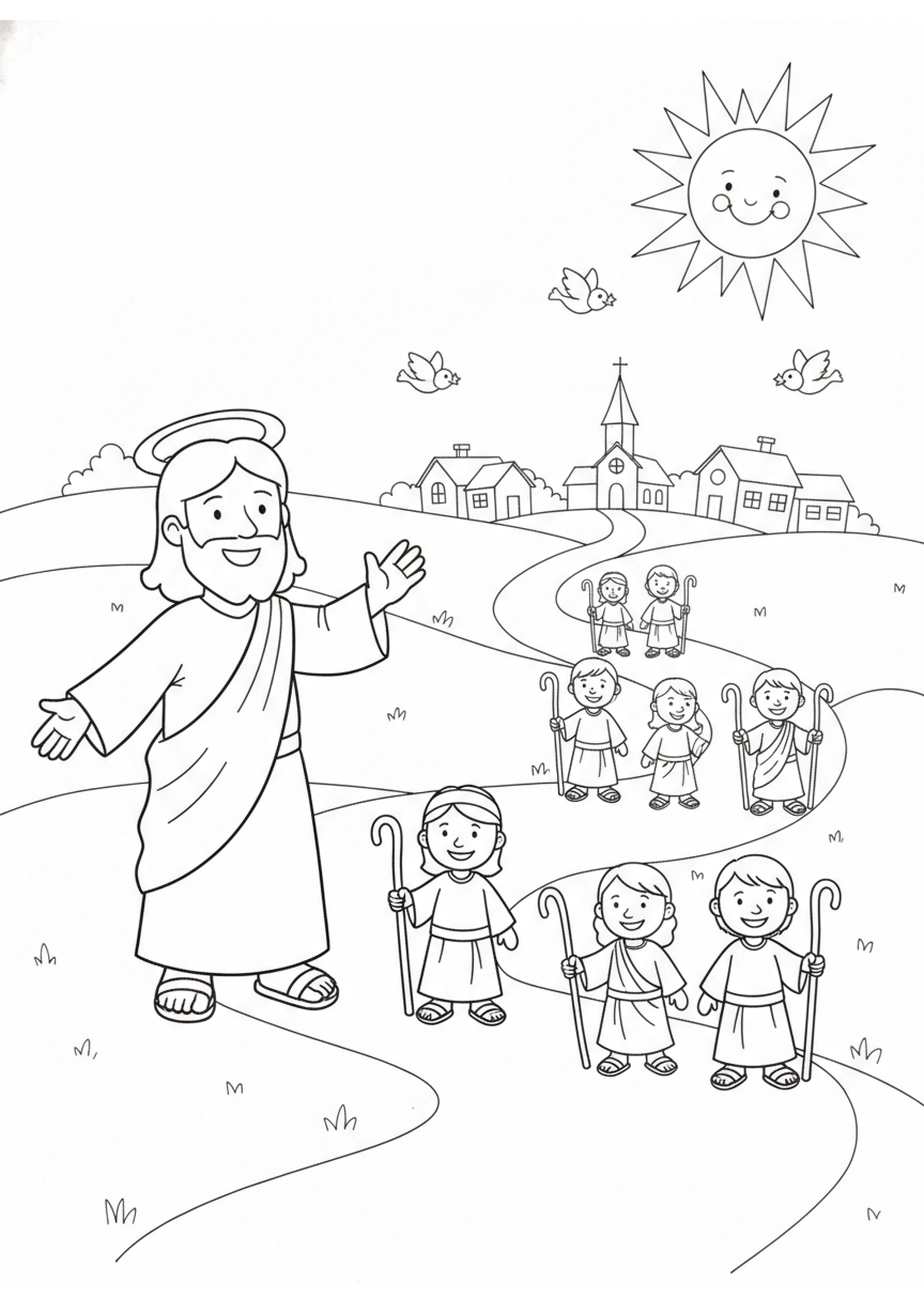 Sent Out Two by Two — printable Bible coloring page from Jesus Sends Out the Seventy-Two