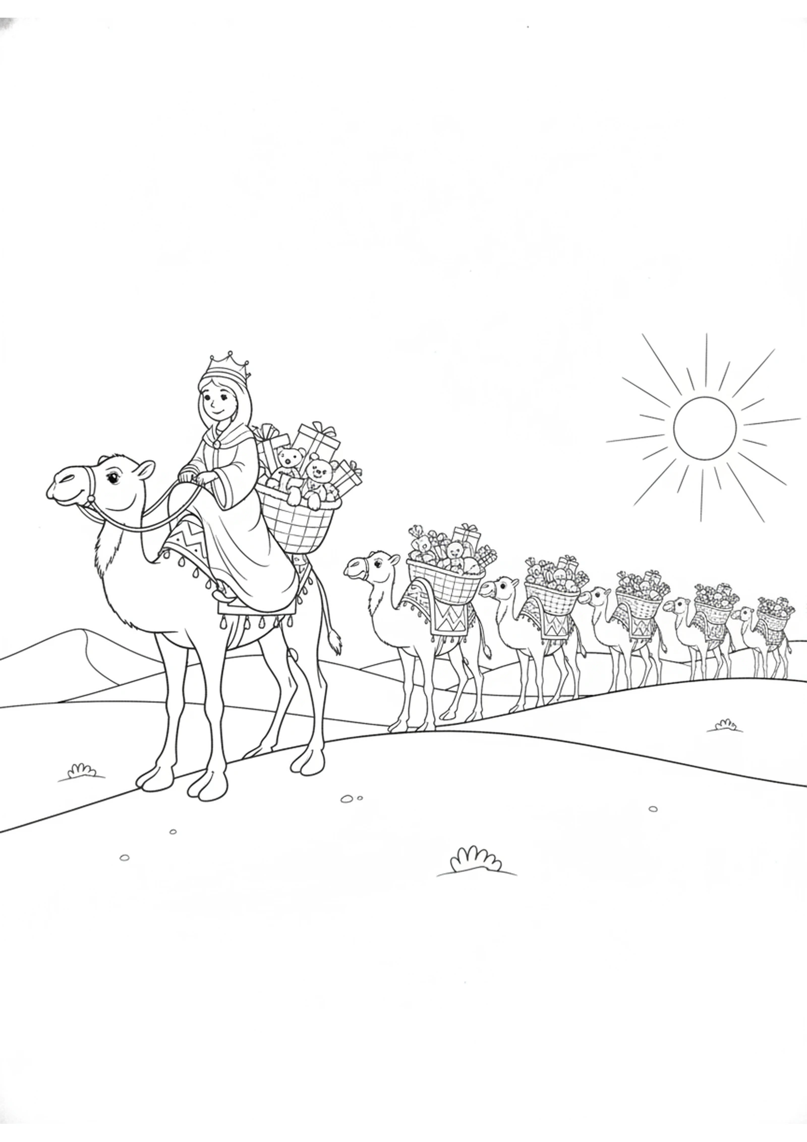 The Queen's Camel Journey — printable Bible coloring page from The Queen of Sheba Visits