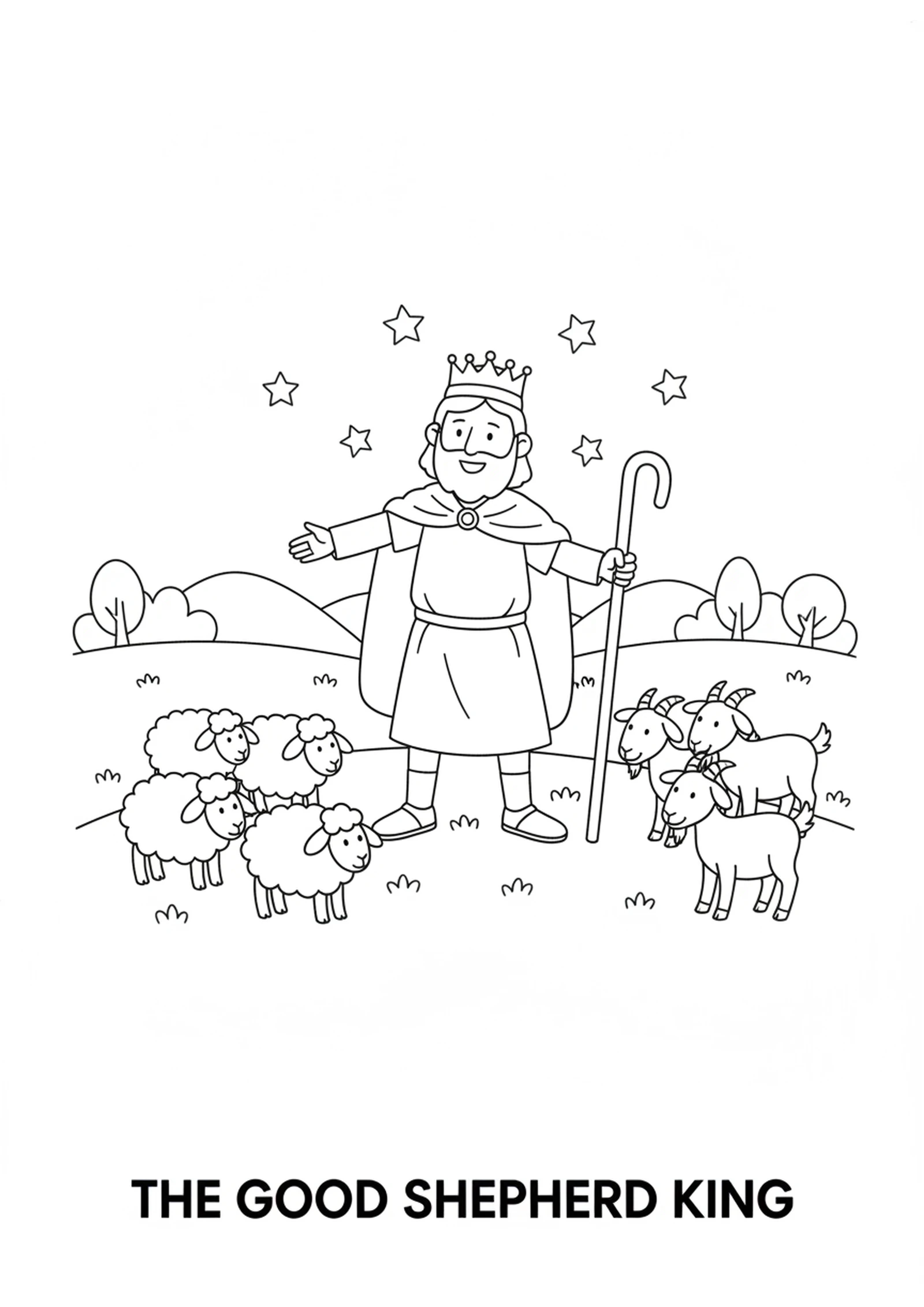 The Shepherd King and His Flock — printable Bible coloring page from The Sheep and the Goats
