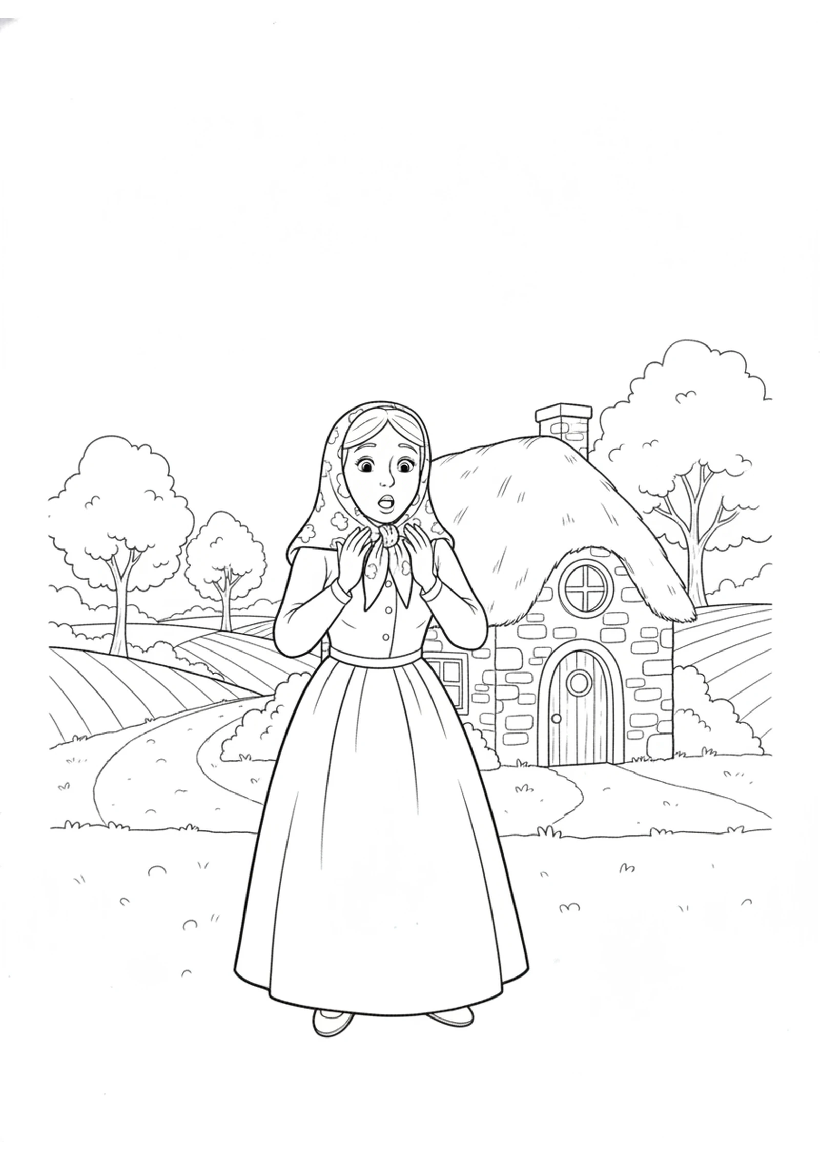 The Woman Comes Home — printable Bible coloring page from The Shunammite Gets Her Land Back