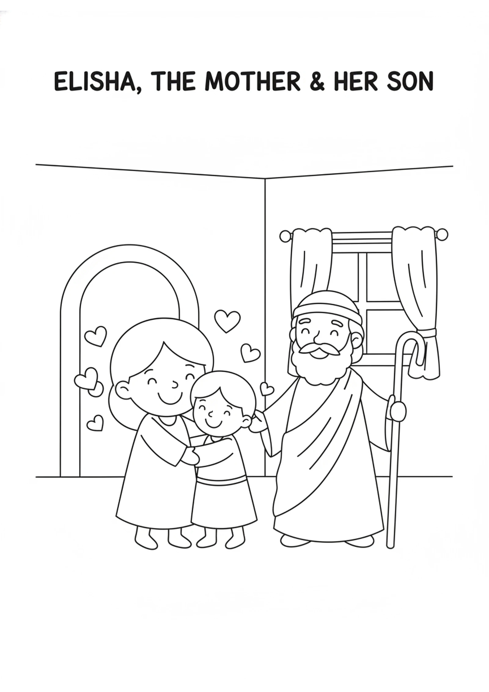 Joy at Home Again — printable Bible coloring page from The Shunammite Woman’s Son