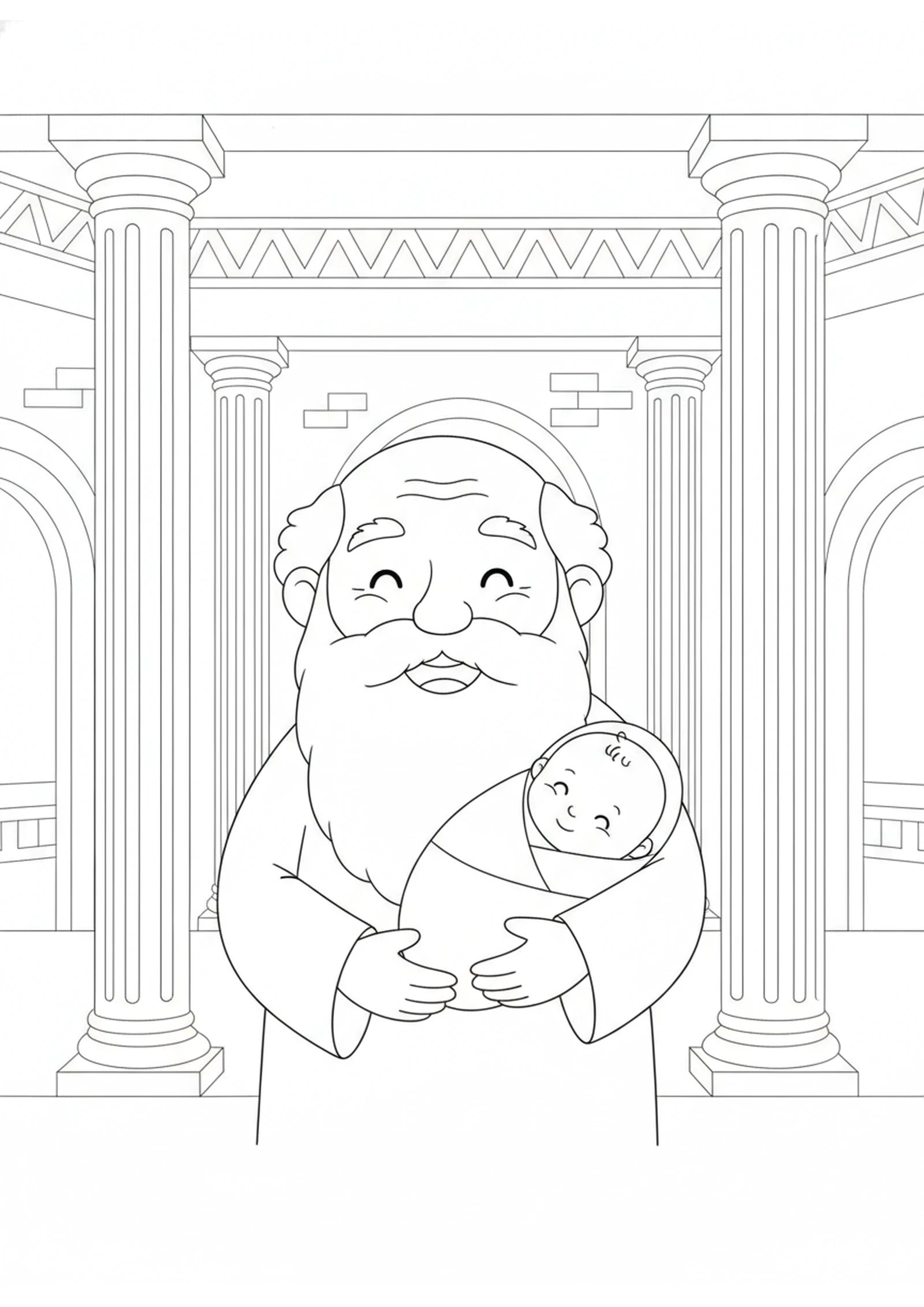 Simeon Holds Baby Jesus — printable Bible coloring page from Simeon and Anna Meet the Baby King