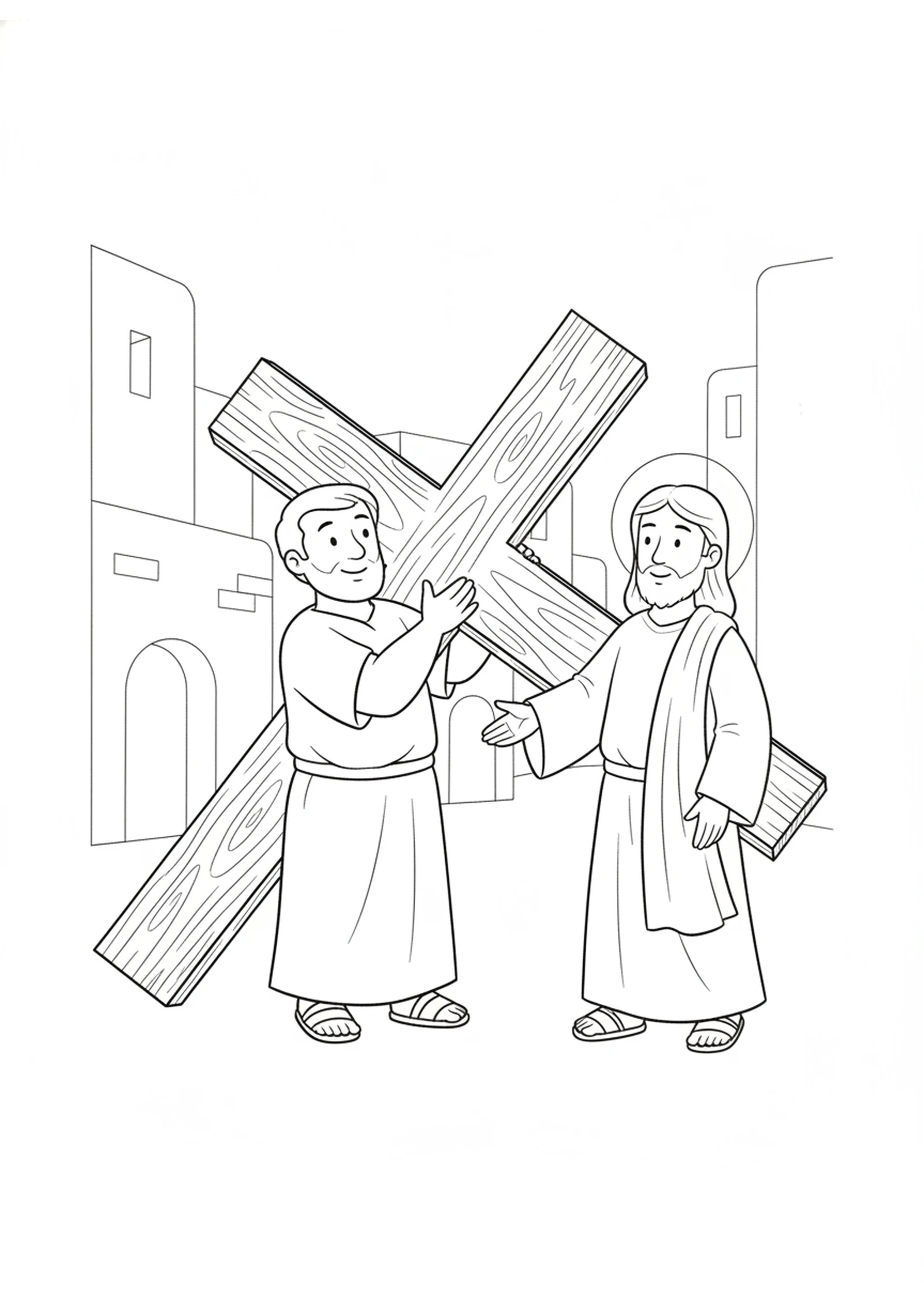Simon Lifts the Cross — printable Bible coloring page from Simon of Cyrene Carries the Cross