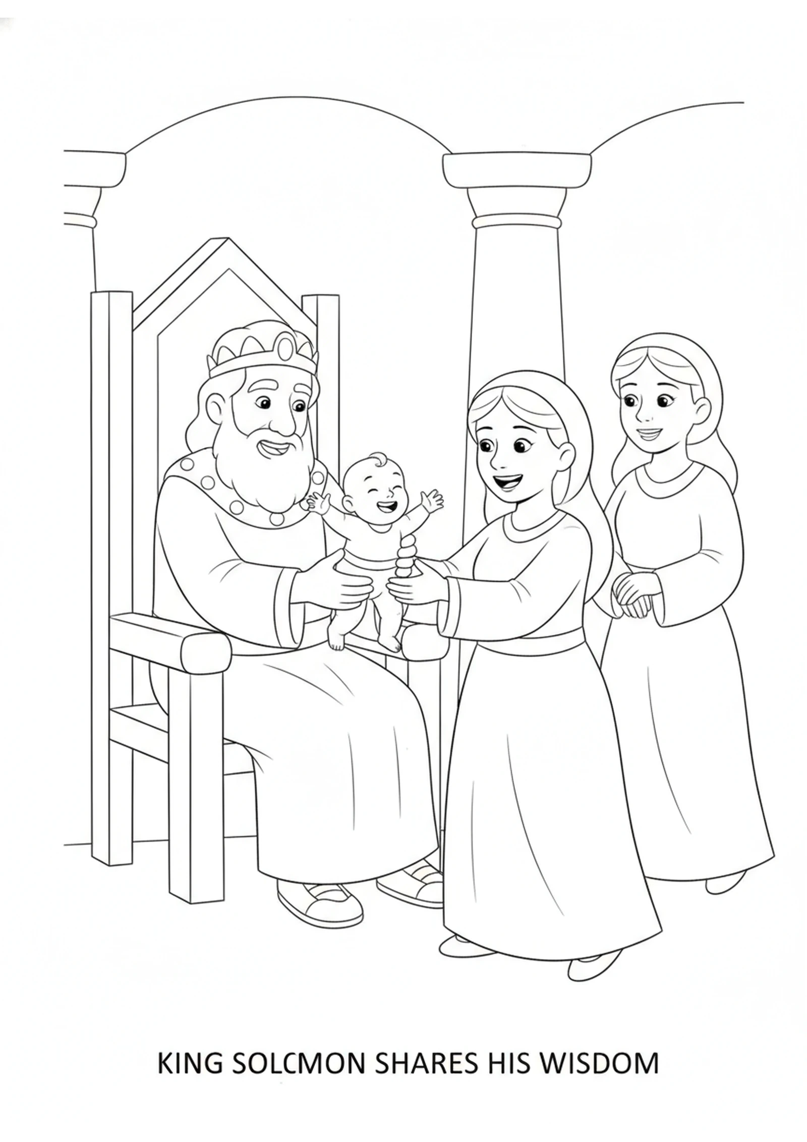 The Wise King and the Baby — printable Bible coloring page from Solomon Asks for Wisdom — and the Two Mothers