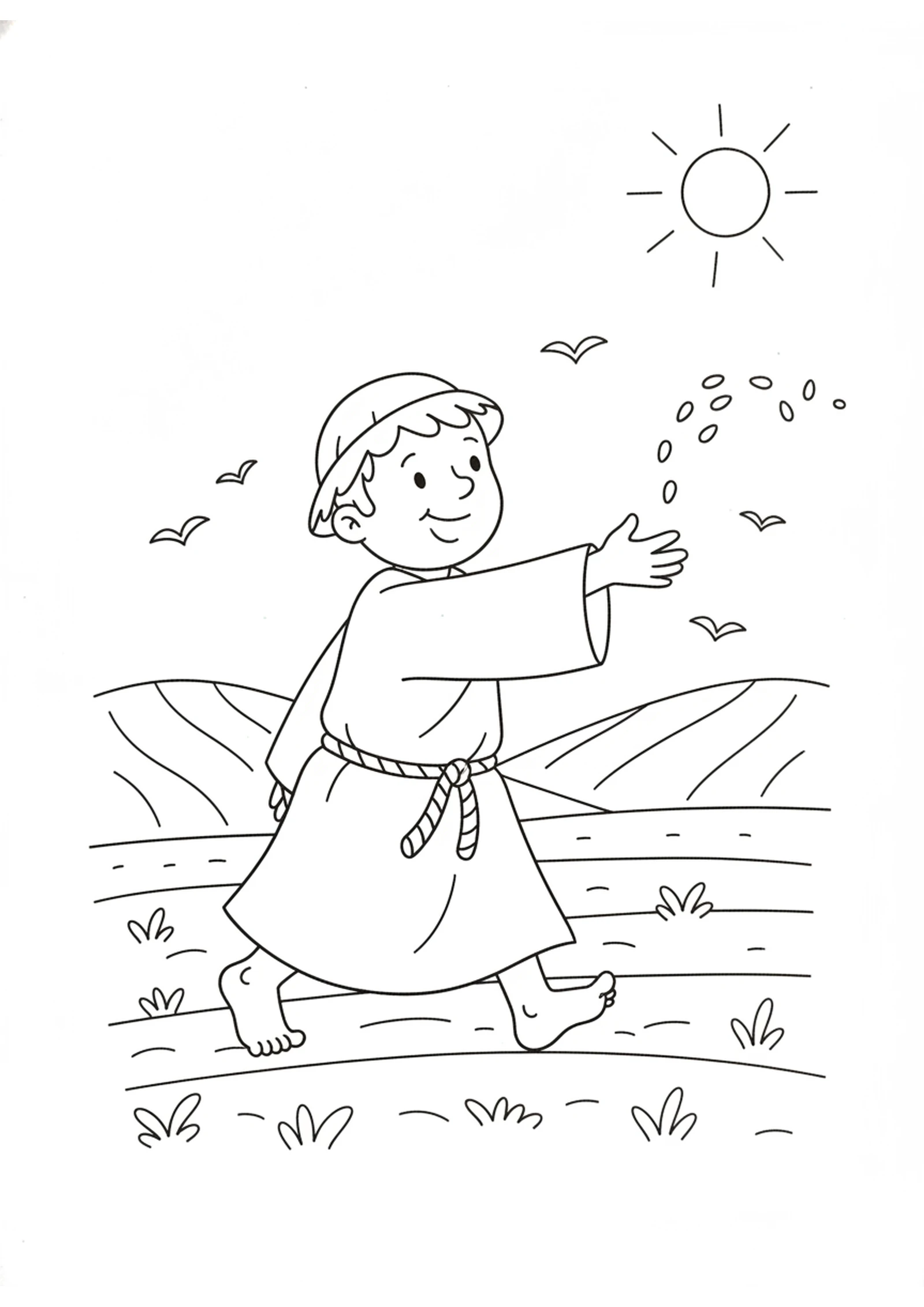 The Farmer Scatters His Seeds — printable Bible coloring page from The Sower and the Seeds