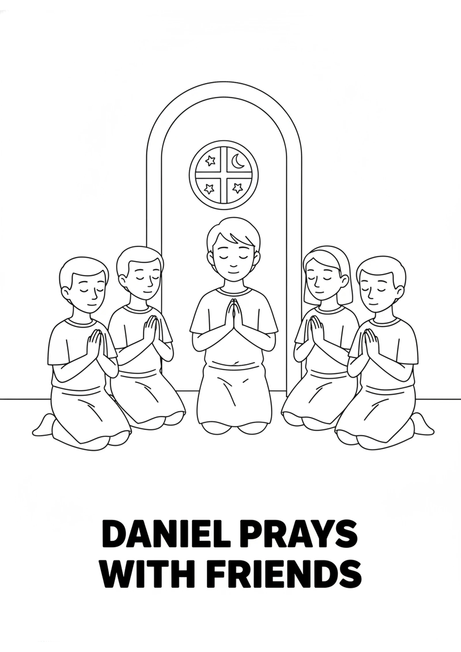 Daniel Prays with His Friends — printable Bible coloring page from The King’s Dream of a Statue