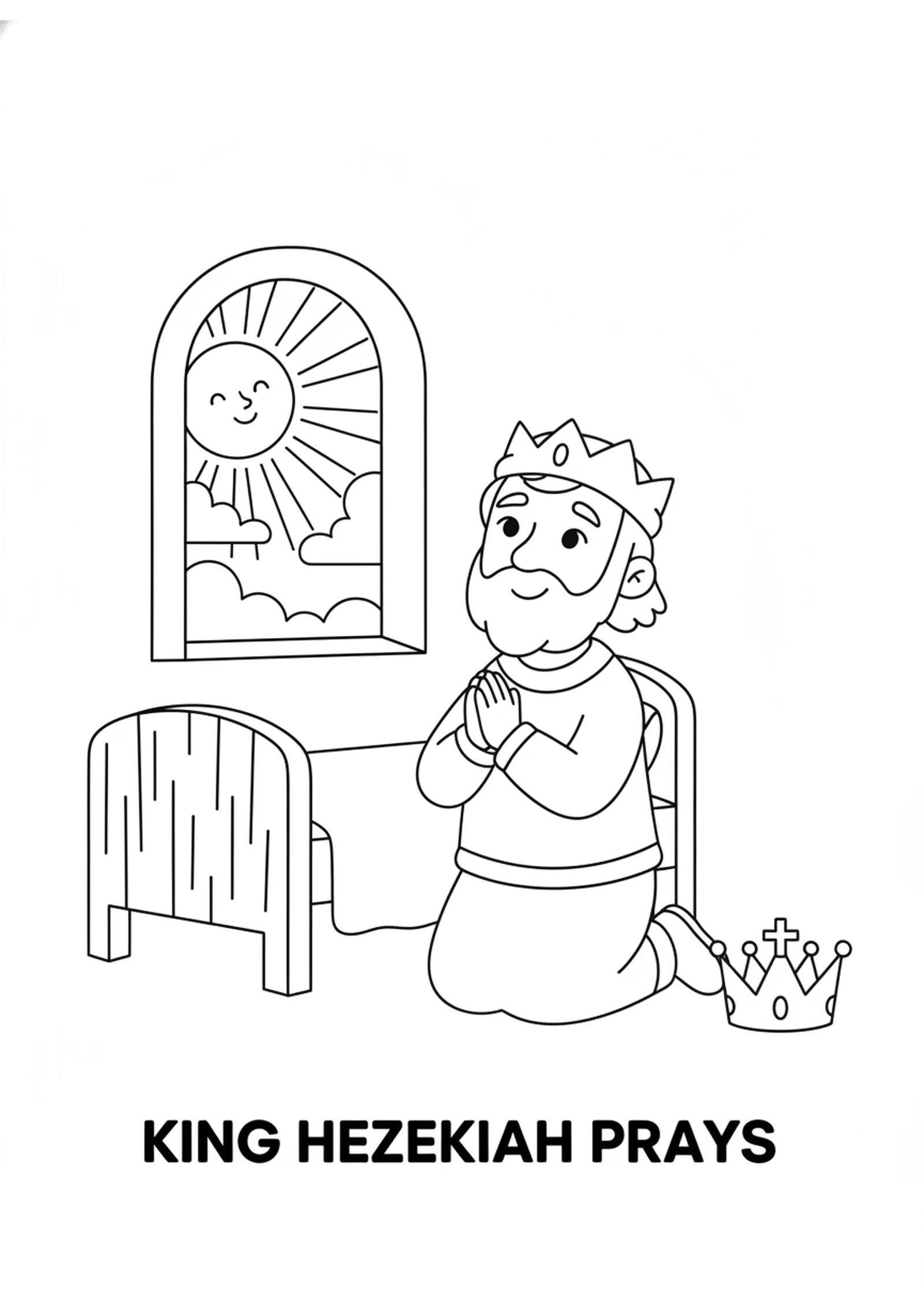 Hezekiah Prays by the Window — printable Bible coloring page from The Sun Goes Backwards — Hezekiah Healed