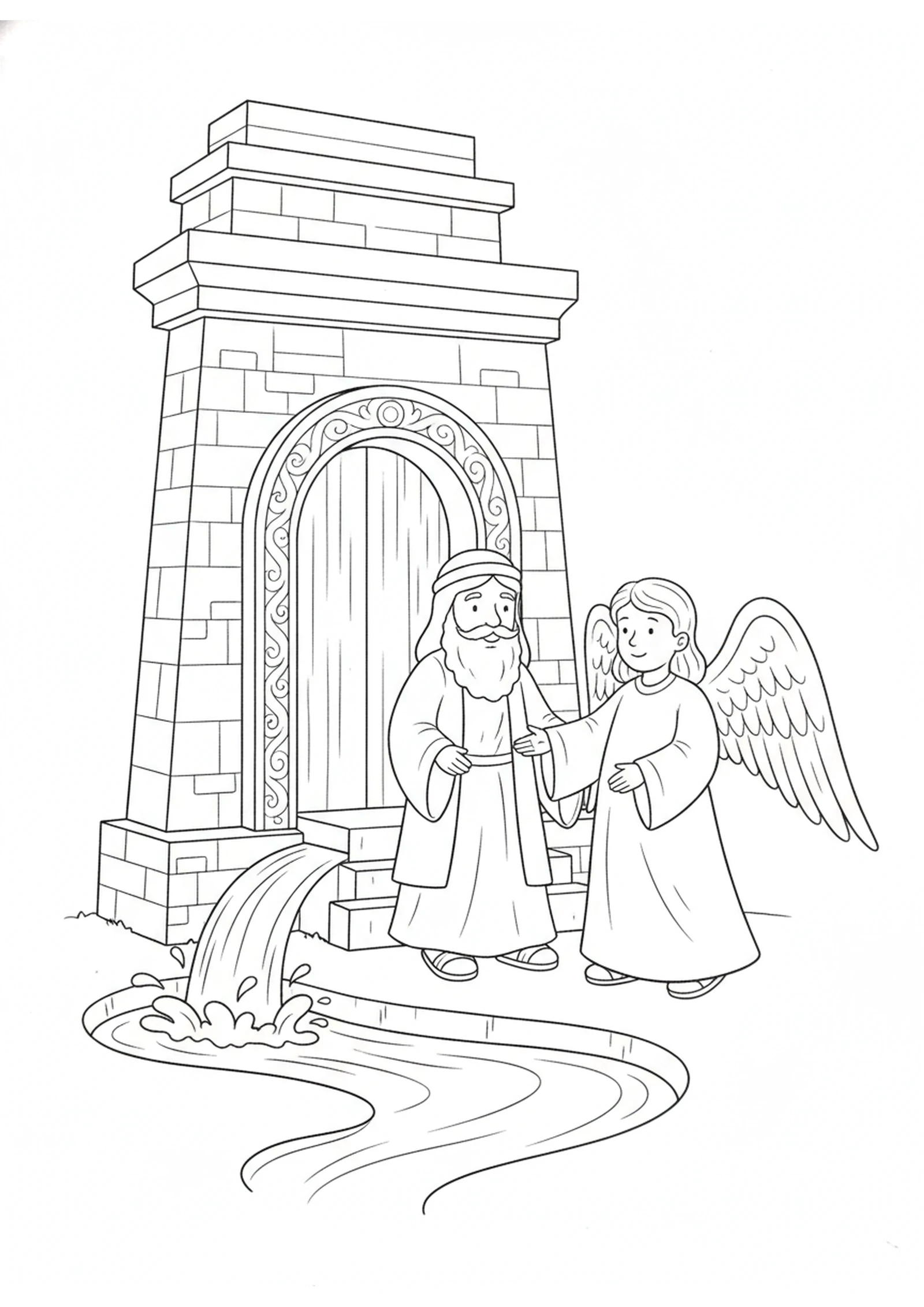 The Water Flows from the Temple — printable Bible coloring page from The River from the Temple — Deeper and Deeper
