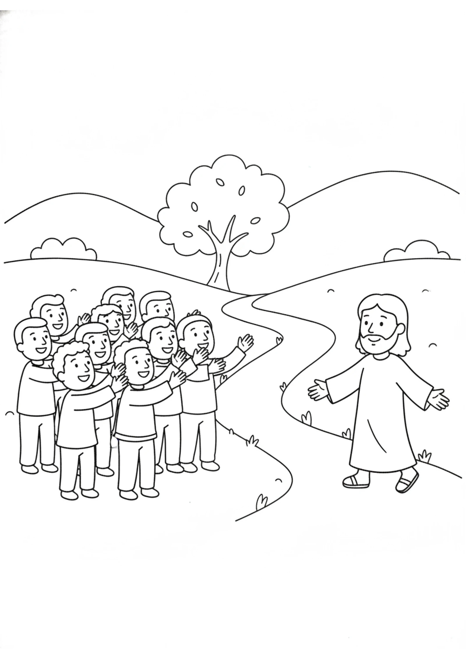 Ten Men Call Out to Jesus — printable Bible coloring page from Healing Ten Men with Leprosy