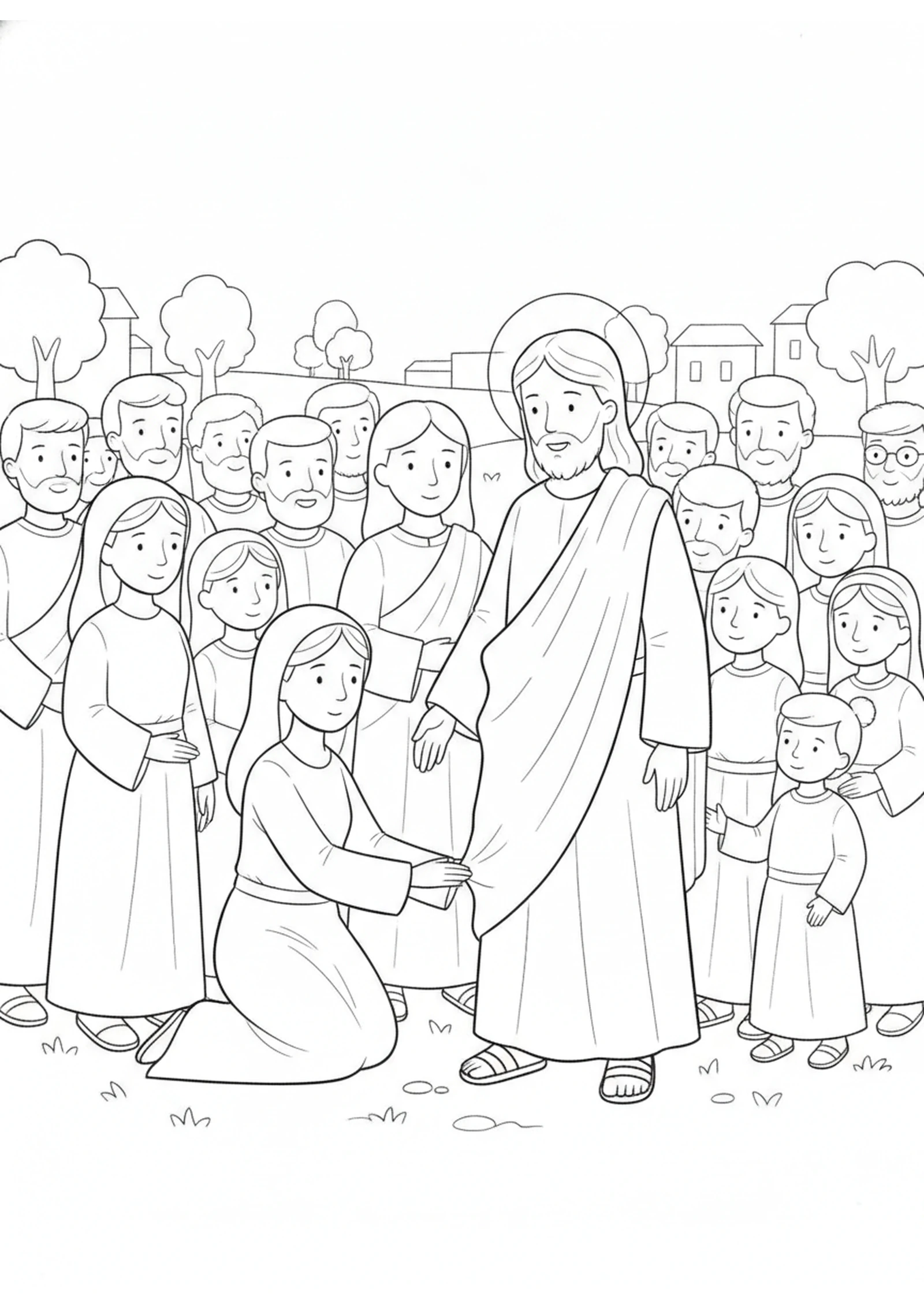 Reaching for the Cloak — printable Bible coloring page from The Woman Who Touched His Cloak