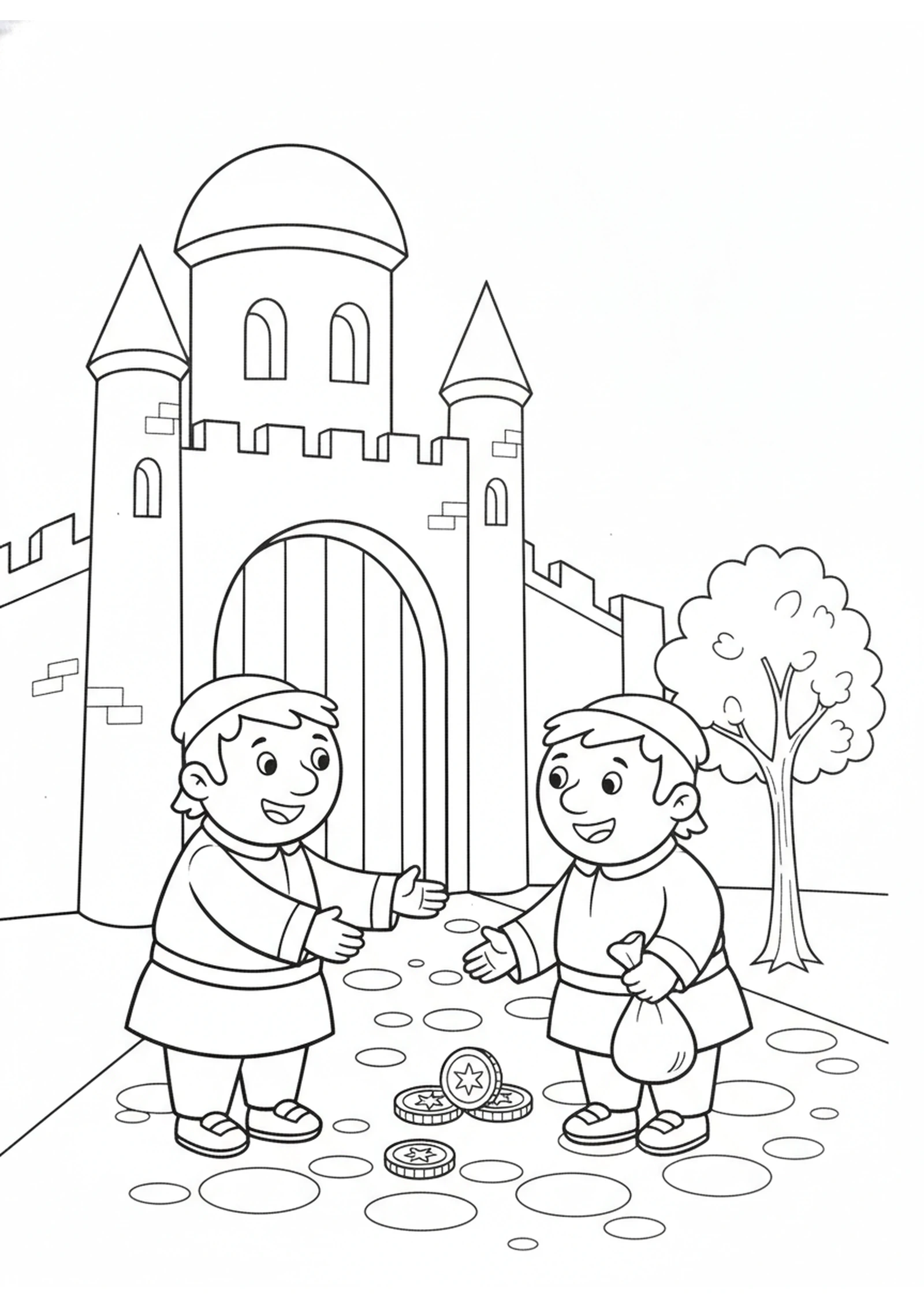 Two Friends Outside the Palace — printable Bible coloring page from The Unforgiving Servant