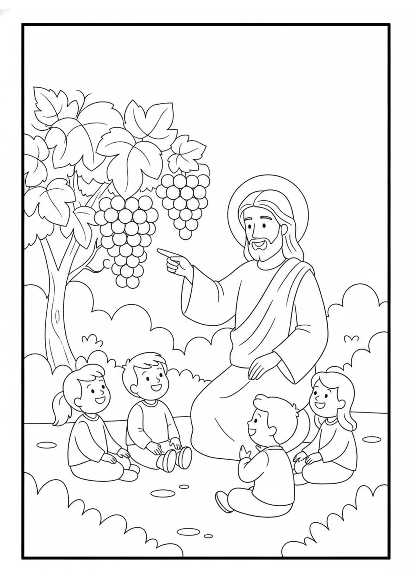 Jesus and the Grapevine — printable Bible coloring page from The Vine and the Branches