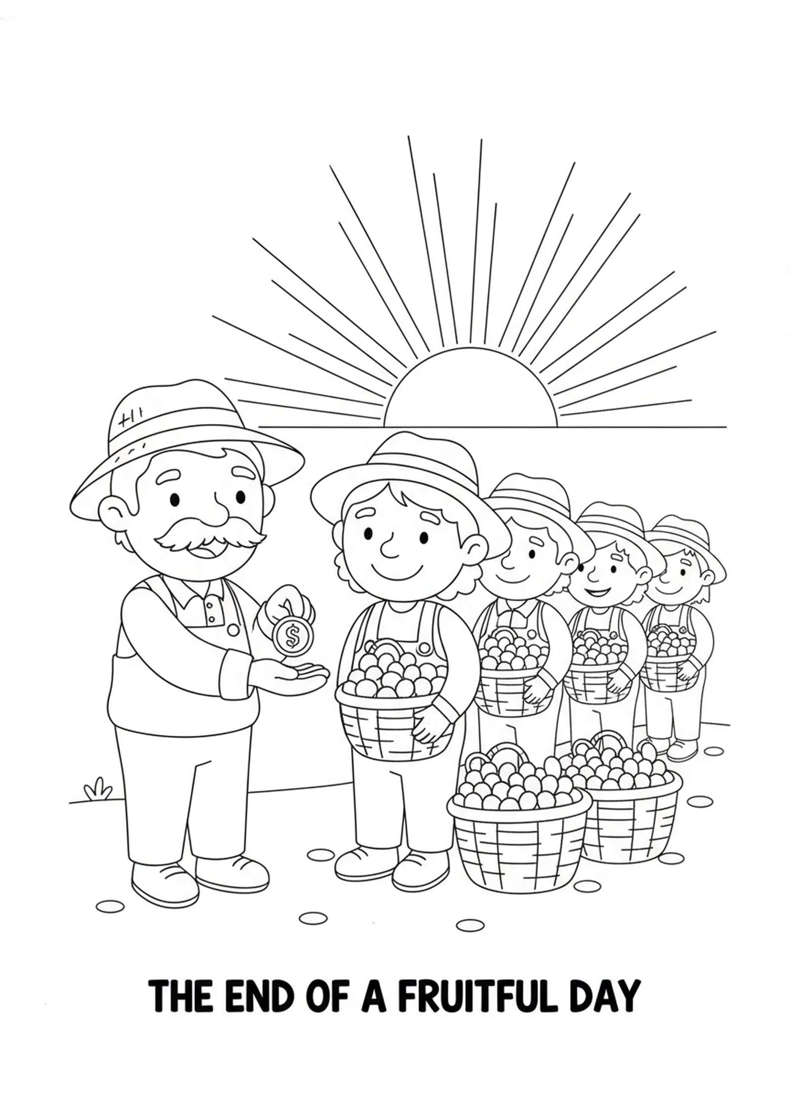 Everyone Gets the Same Gift — printable Bible coloring page from The Workers in the Vineyard