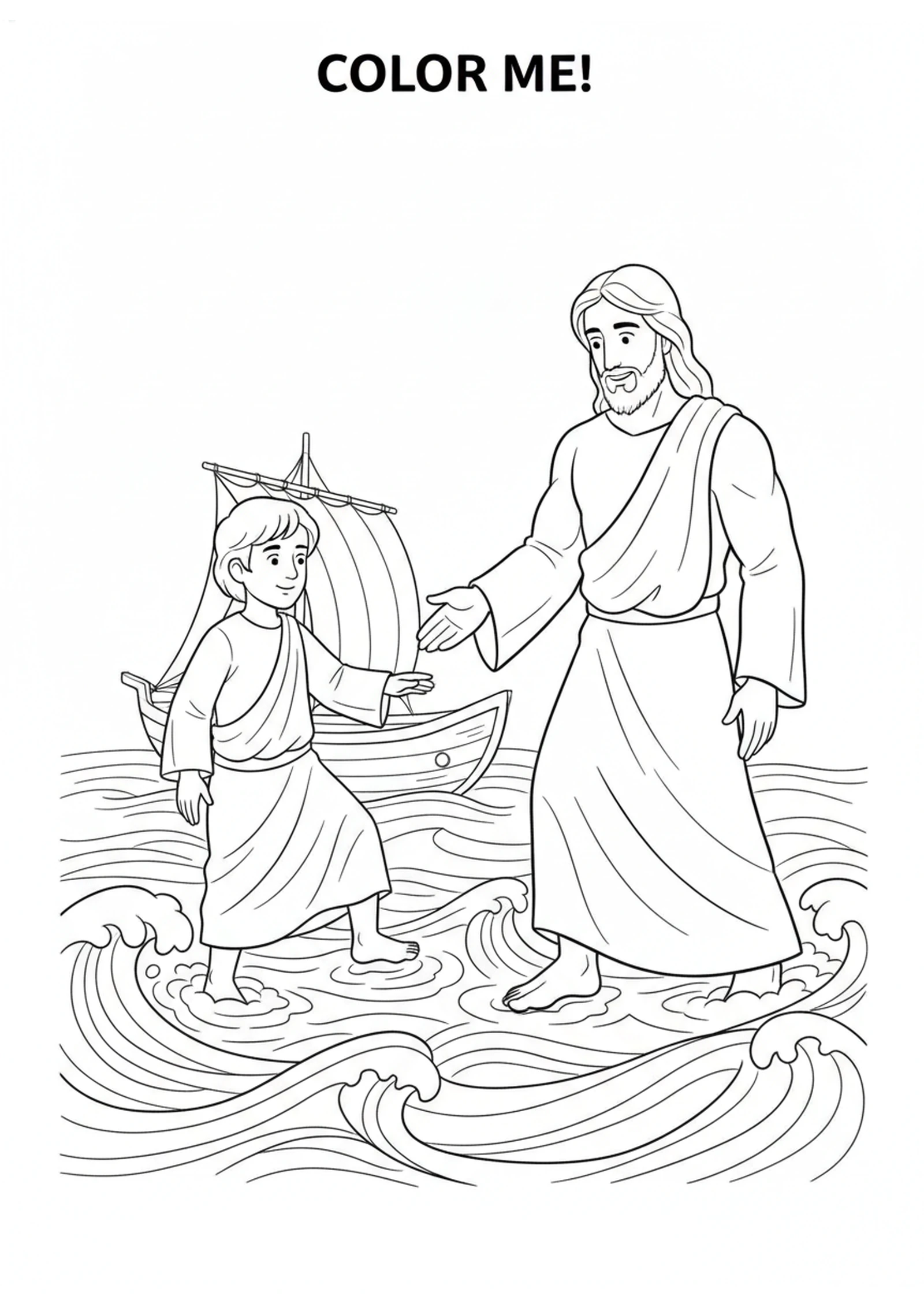 Jesus Catches Peter — printable Bible coloring page from Jesus Walks on Water