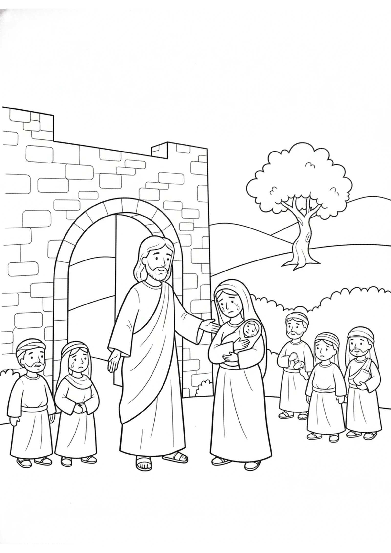 Jesus Meets the Sad Mother — printable Bible coloring page from The Widow of Nain