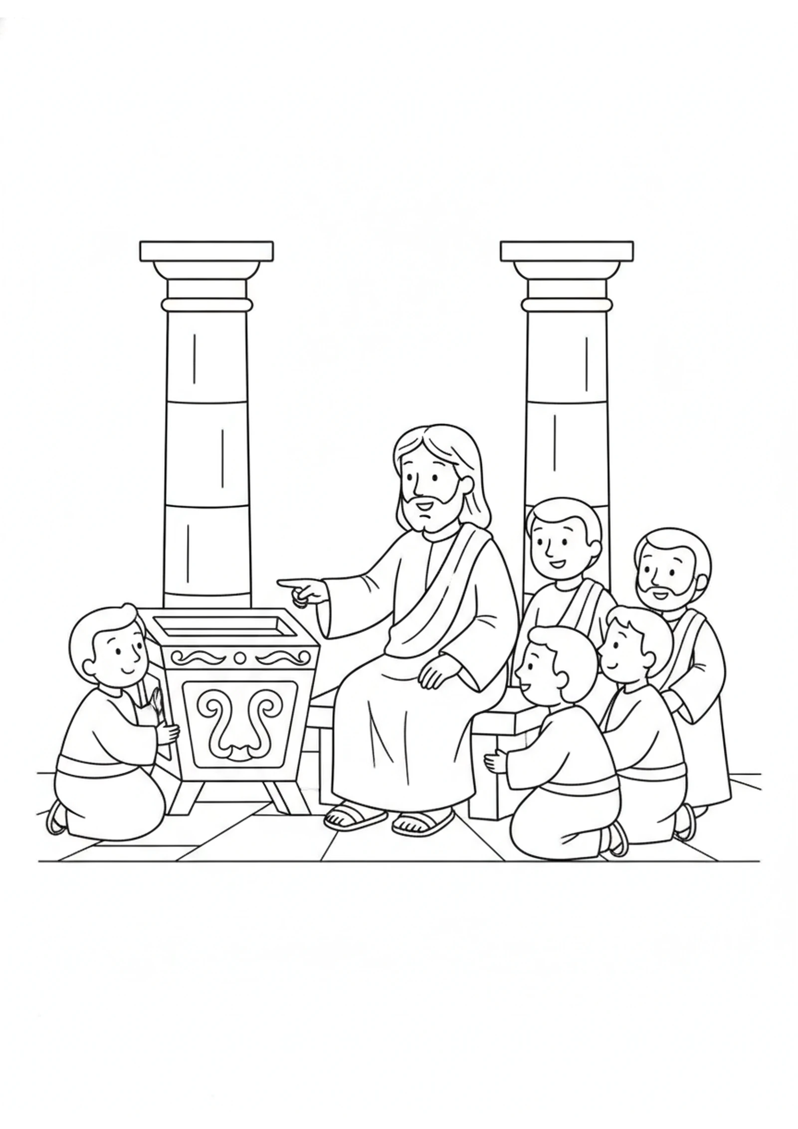 Jesus Watching in the Temple — printable Bible coloring page from The Widow’s Small Offering