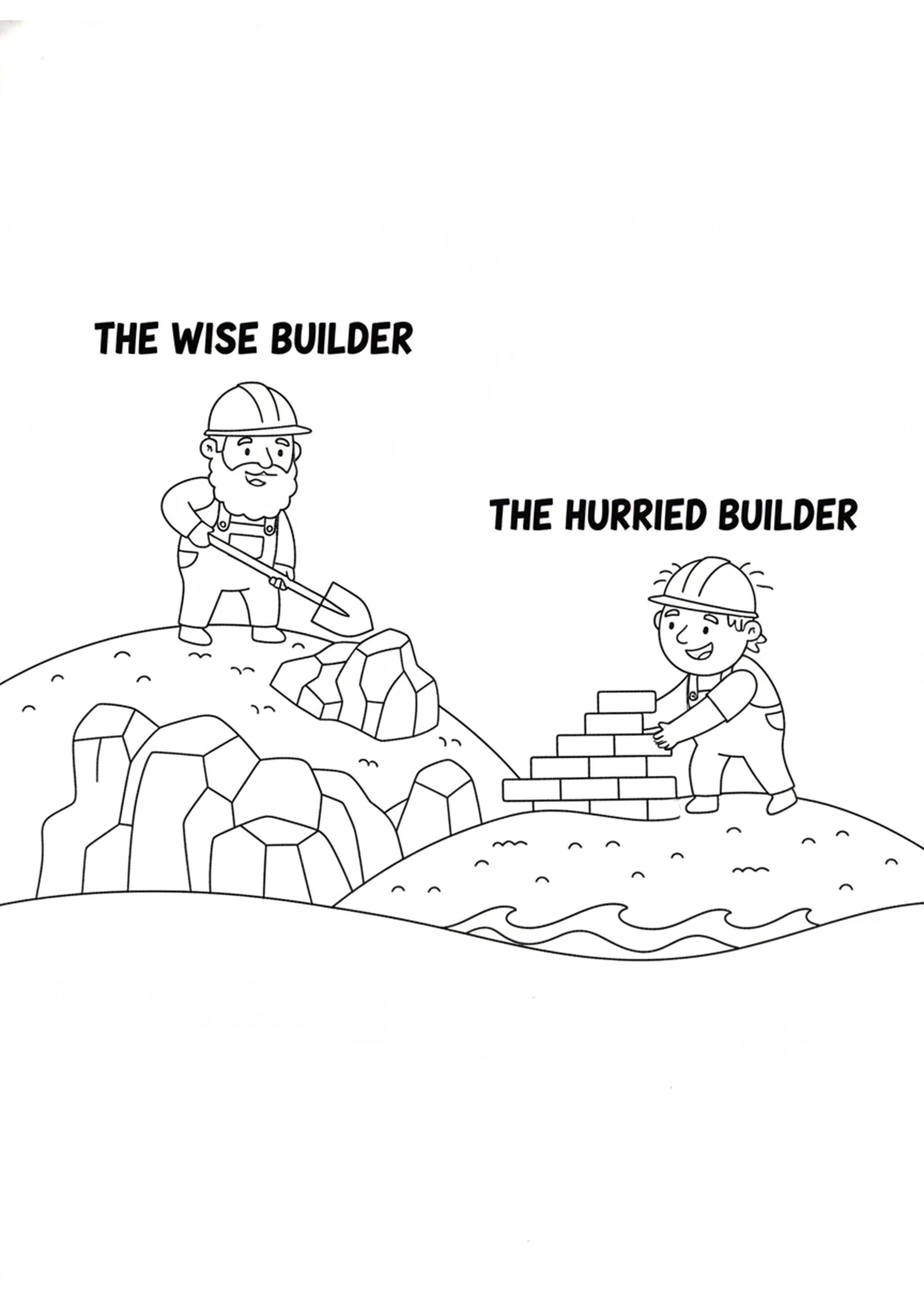 The Two Builders — printable Bible coloring page from The Wise and Foolish Builders