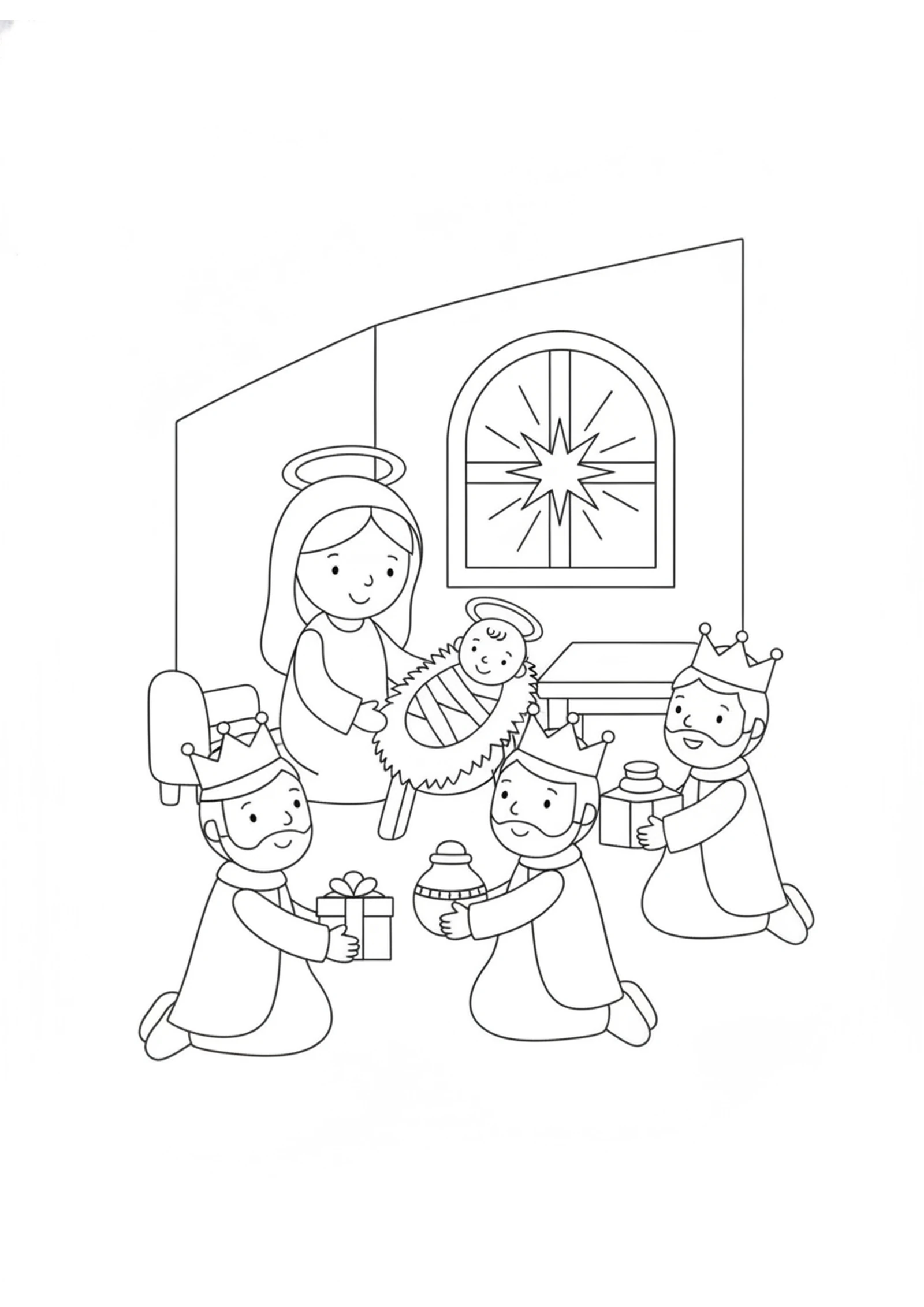 Gifts for Baby Jesus — printable Bible coloring page from The Wise Men Follow the Star