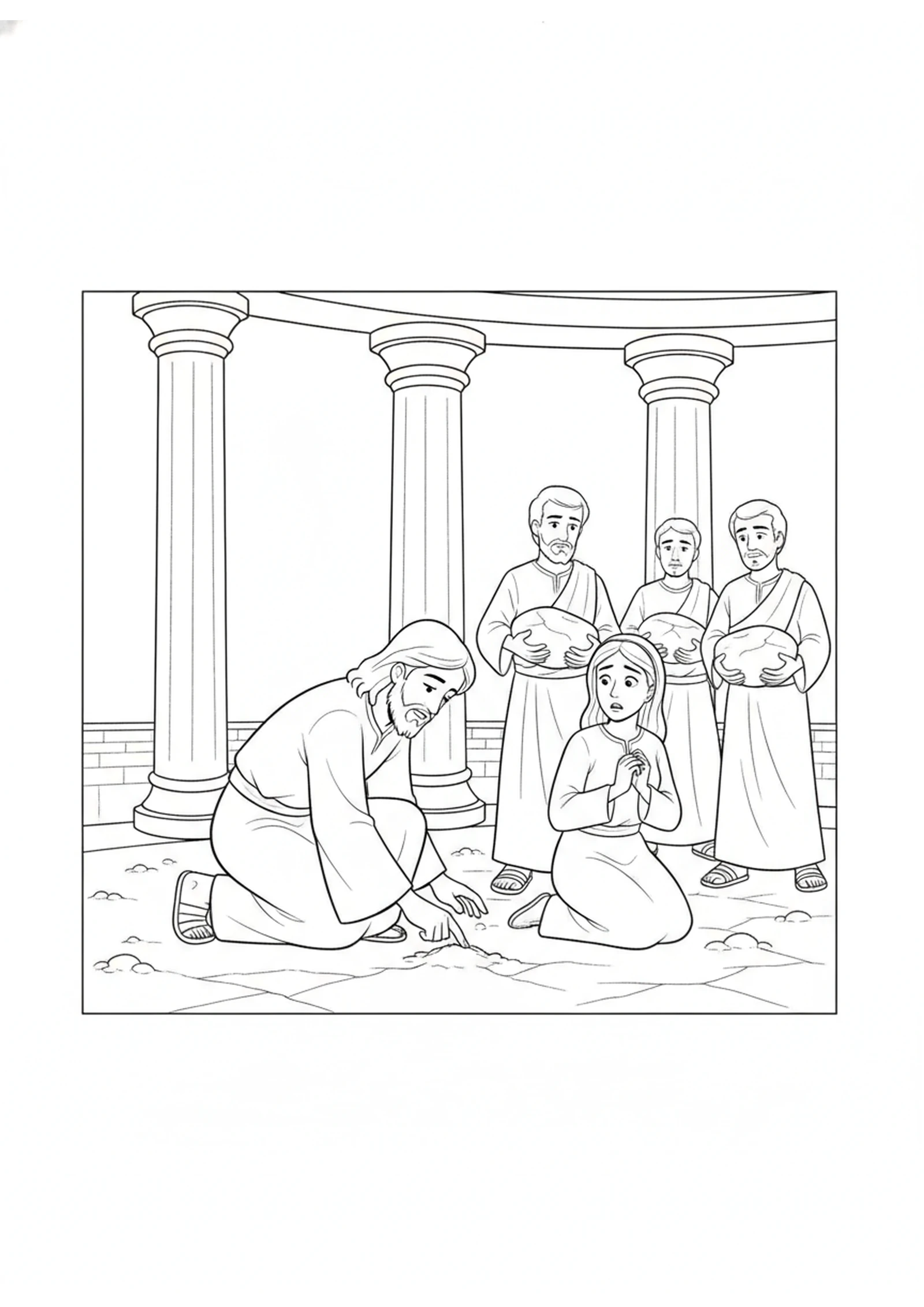 Jesus Writing in the Dust — printable Bible coloring page from The Woman Caught in Sin