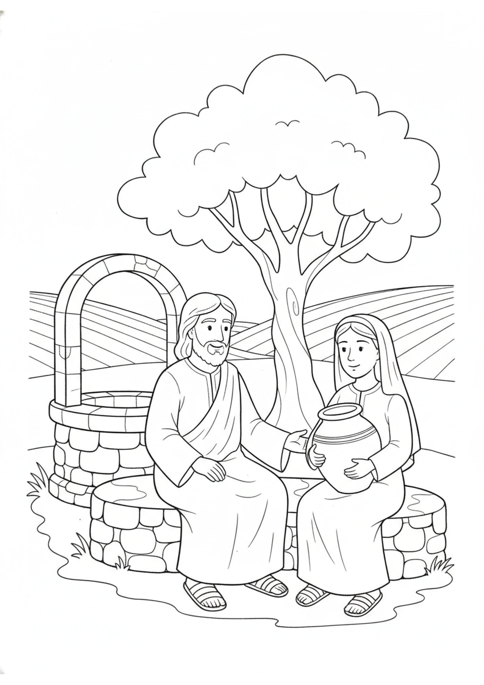 Jesus at the Well — printable Bible coloring page from The Woman at the Well