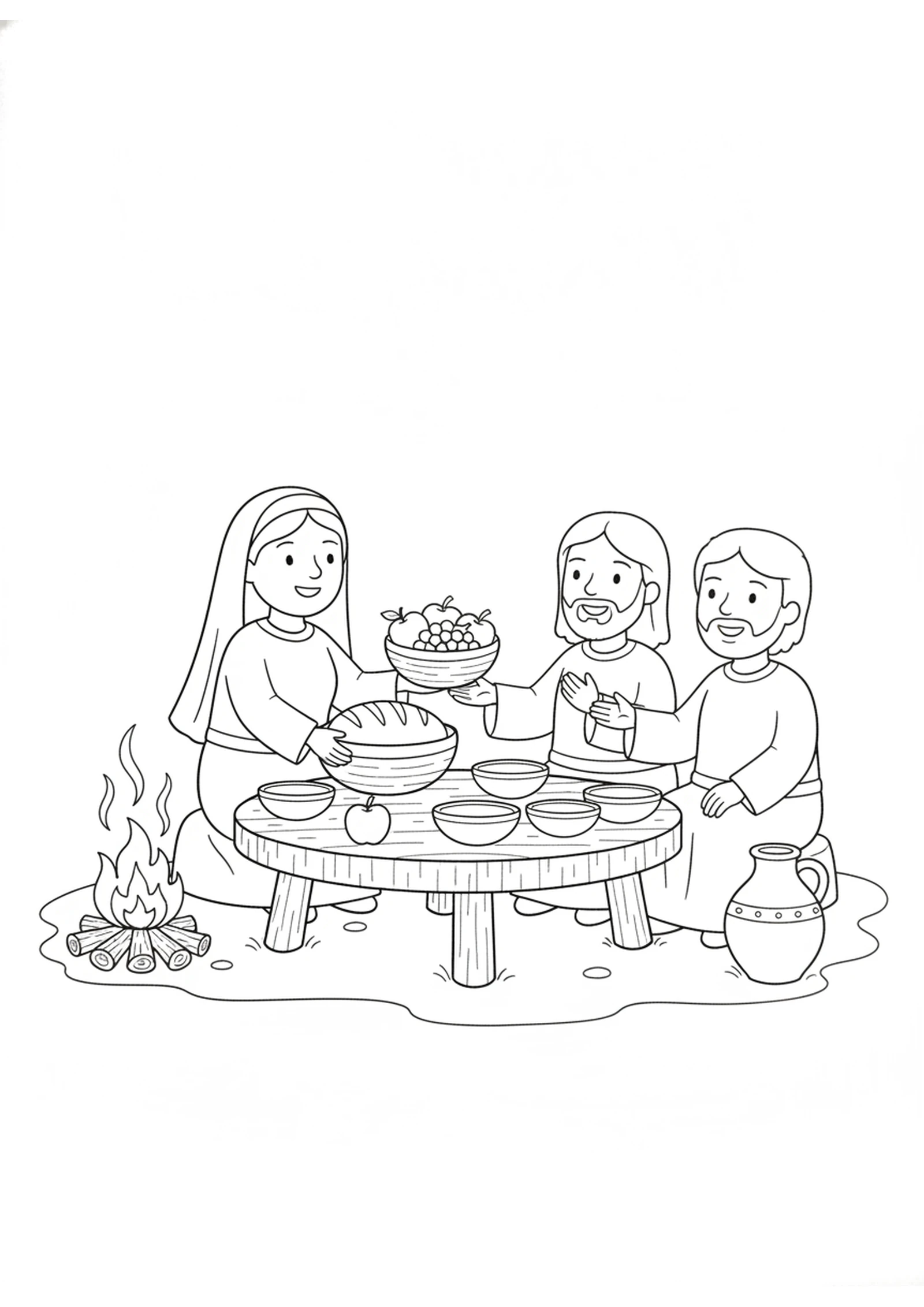 Sharing a Meal — printable Bible coloring page from The Women Who Helped Jesus