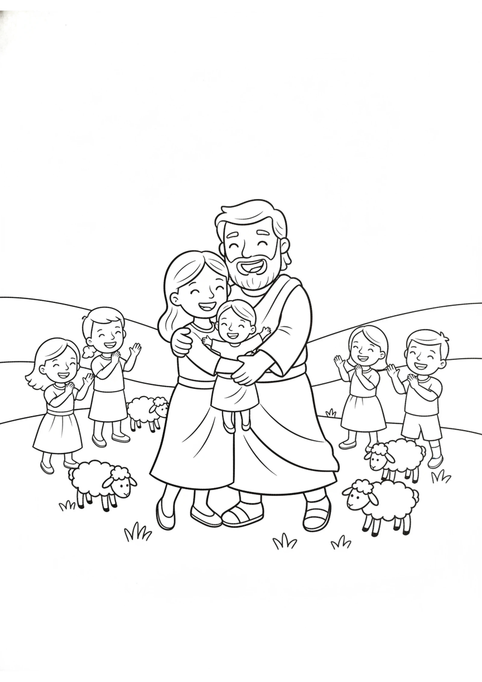 Families Rescued and Reunited — printable Bible coloring page from David Rescues the Captives at Ziklag